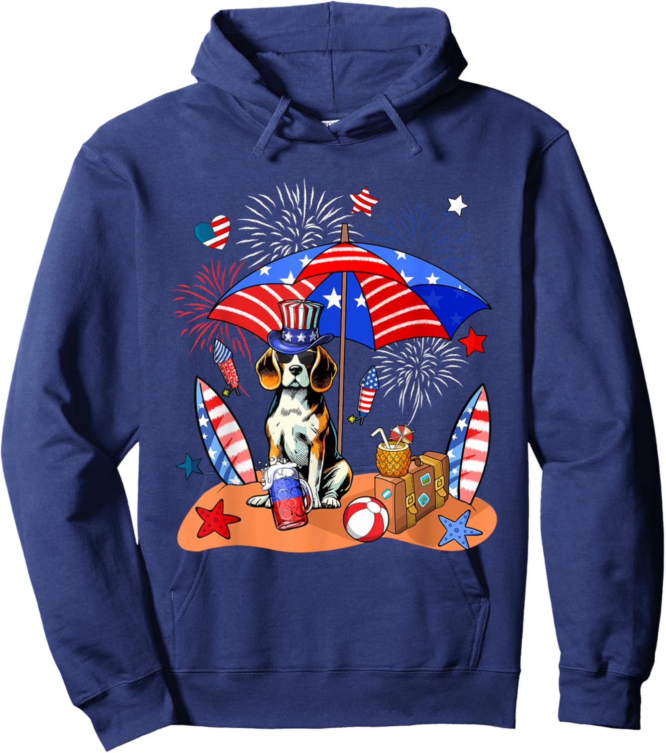 Beagle Sunglasses Relaxing On Beach 4th Of July US Flag Hoodie - Hoodie | Navy