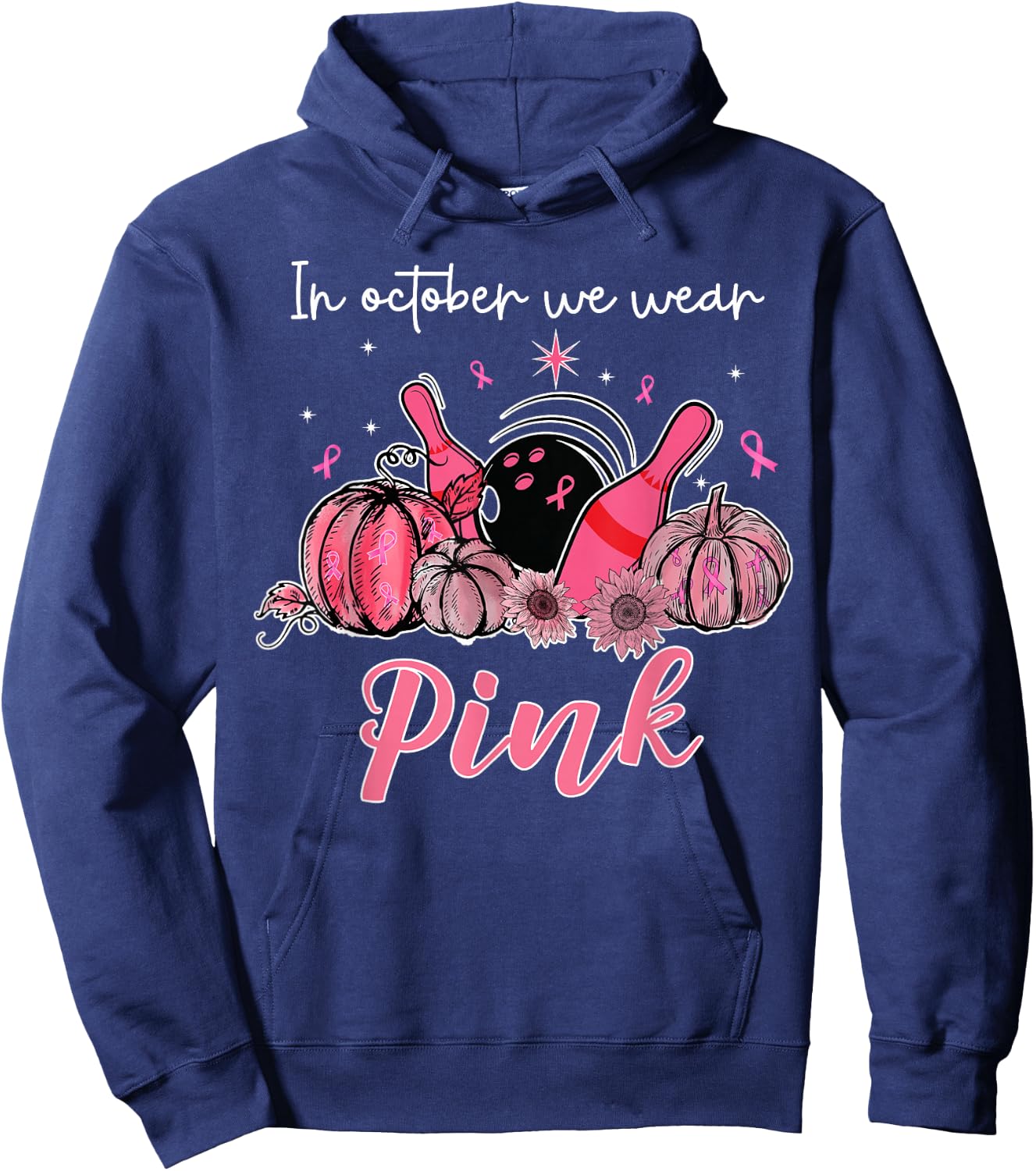 In October We Wear Pink Bowling Breast Cancer Awareness Hoodie - Hoodie | Navy