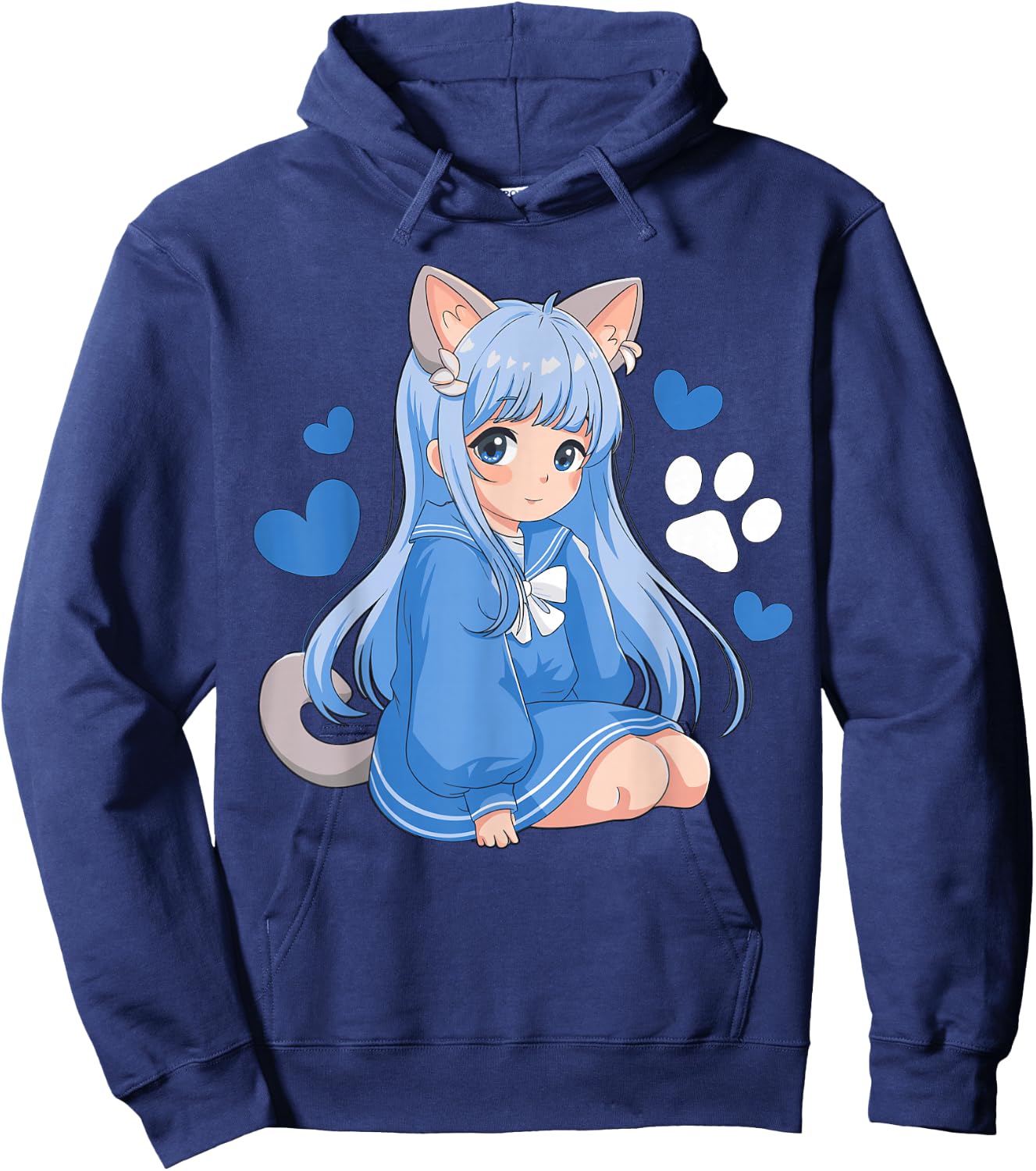 Magical and Funny Anime Girl Gifts -Kids Anime Cat Girl Black Small Classic Fit Short Sleeve Cotton Blend Hoodie - Hoodie | Navy