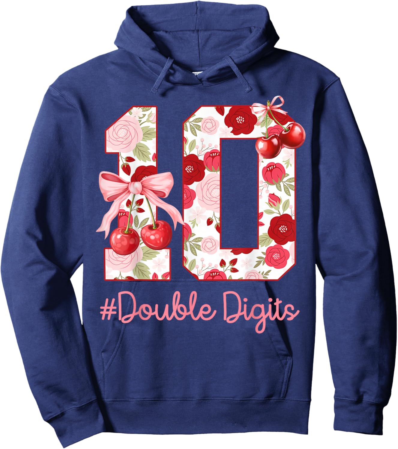 Birthday Girl 10th Birthday Cherry Coquette Bow 10 Year Old Hoodie - Hoodie | Navy
