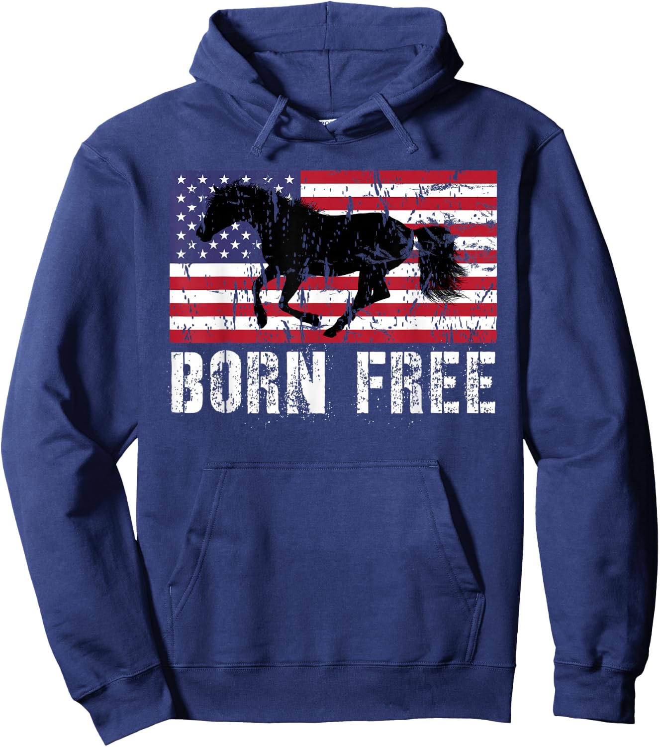 Vintage Born Free Horse American Flag Wild Mustang Hoodie - Hoodie | Navy