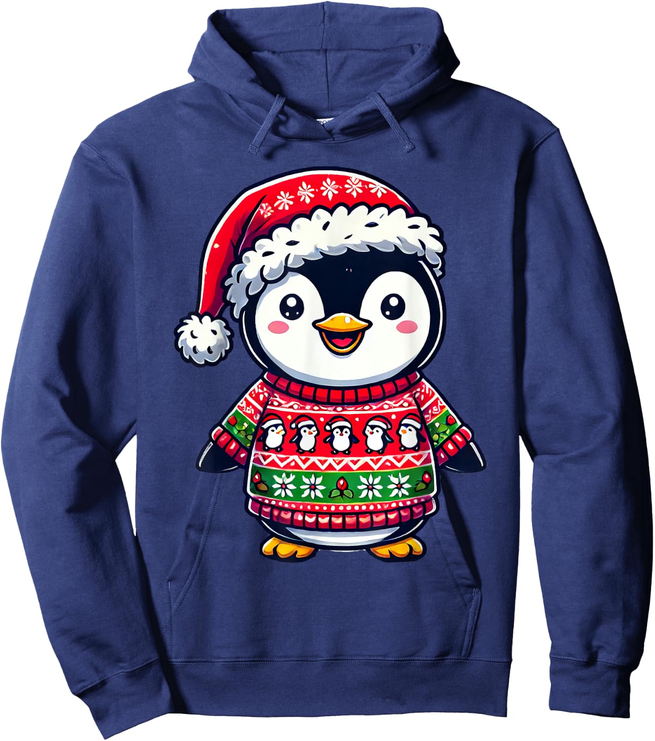Penguin Ugly Sweater Santa Hat Christmas Hoodie - Hoodie | Navy