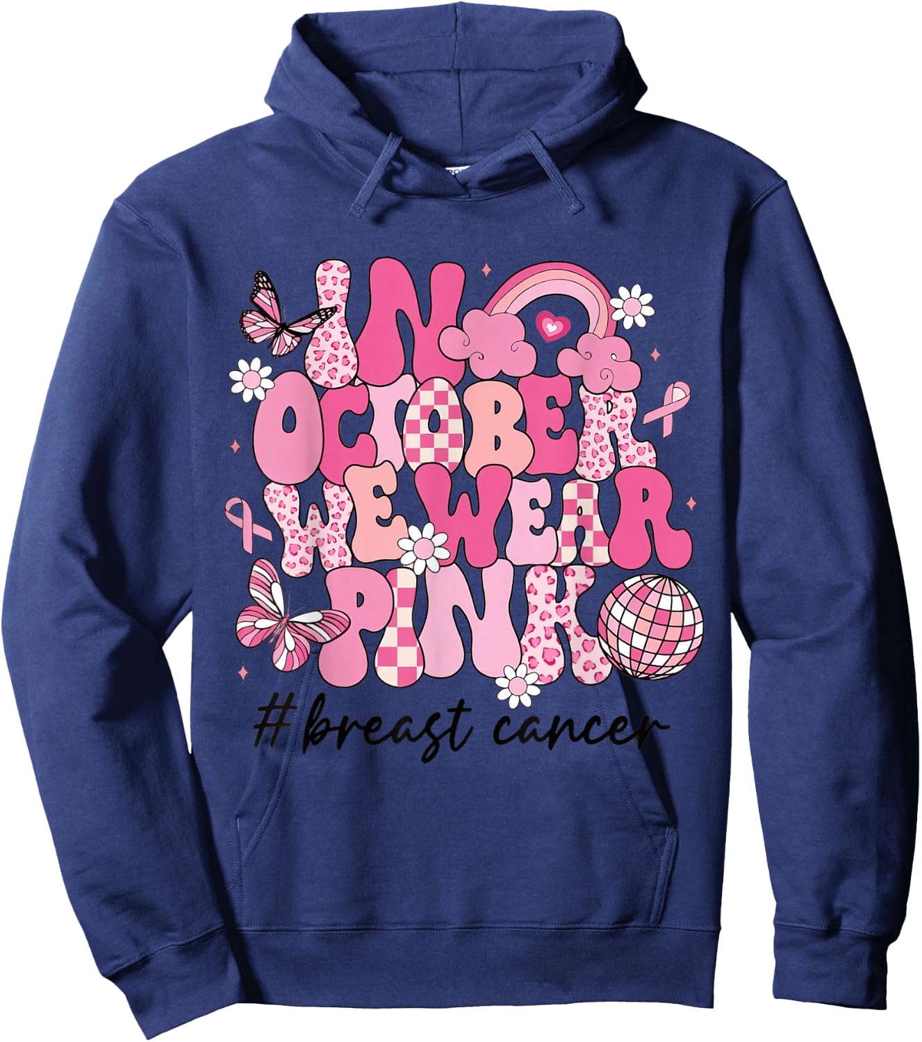 In October We Wear Pink Retro Groovy Breast Cancer Awareness Hoodie - Hoodie | Navy