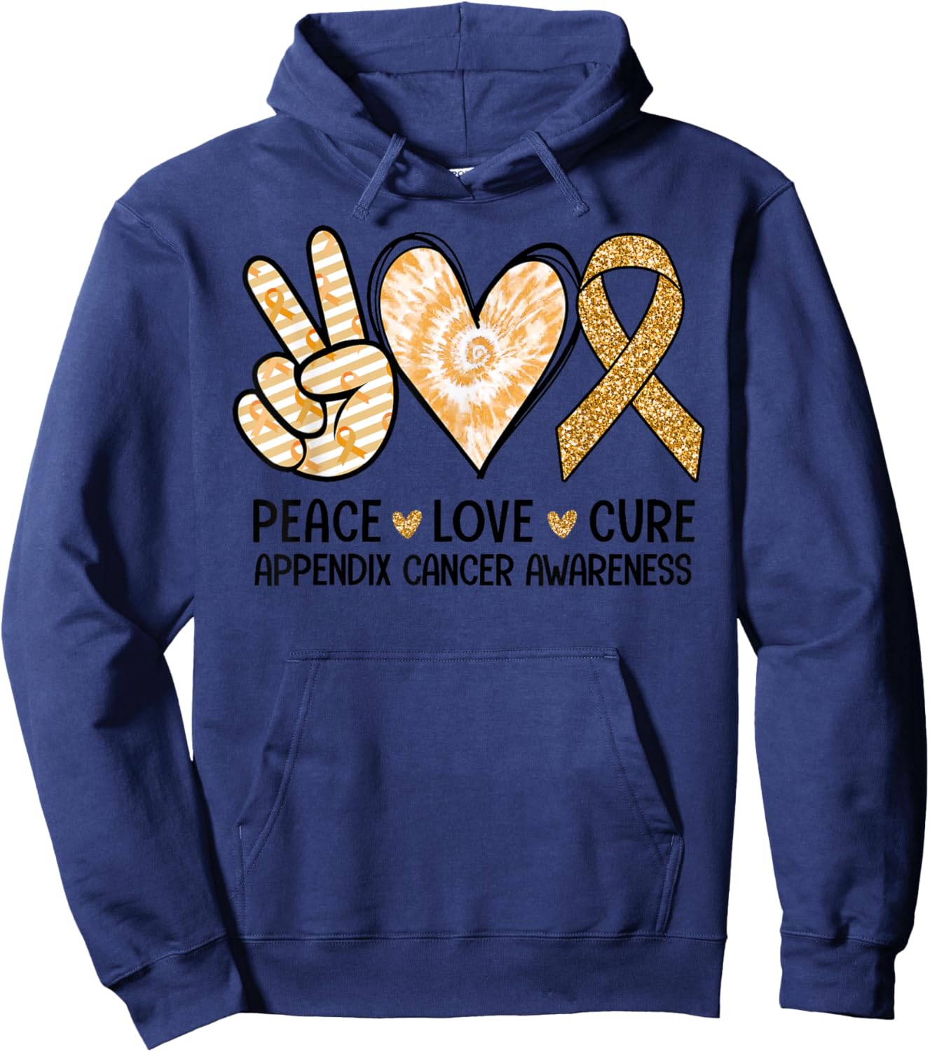 Retro Peace Love Cure Amber Ribbon Appendix Cancer Awareness Hoodie - Hoodie | Navy