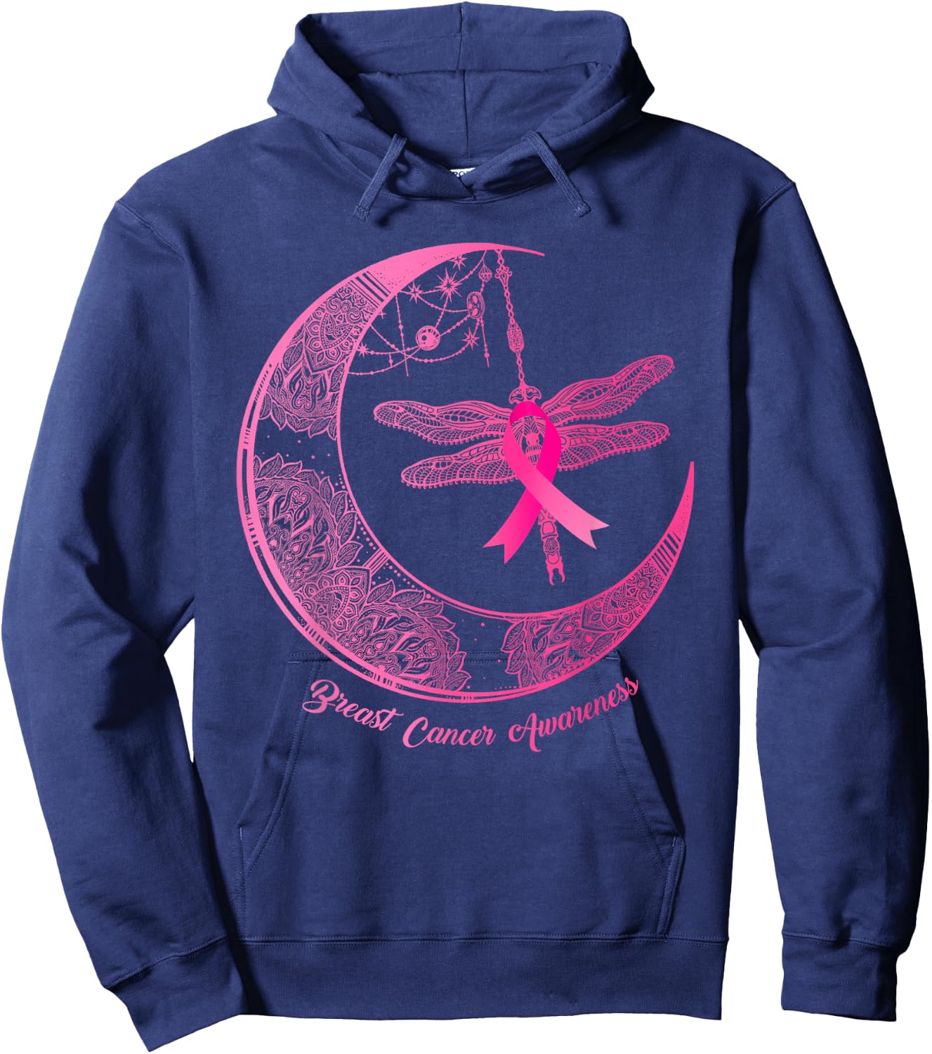 Henna Moon Dragonfly Pink Ribbon Breast Cancer Awareness Hoodie - Hoodie | Navy