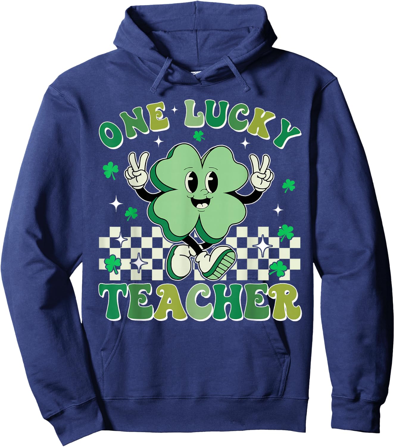 Retro Groovy One Lucky Teacher Shamrock Face St Patrick Day Hoodie - Hoodie | Navy