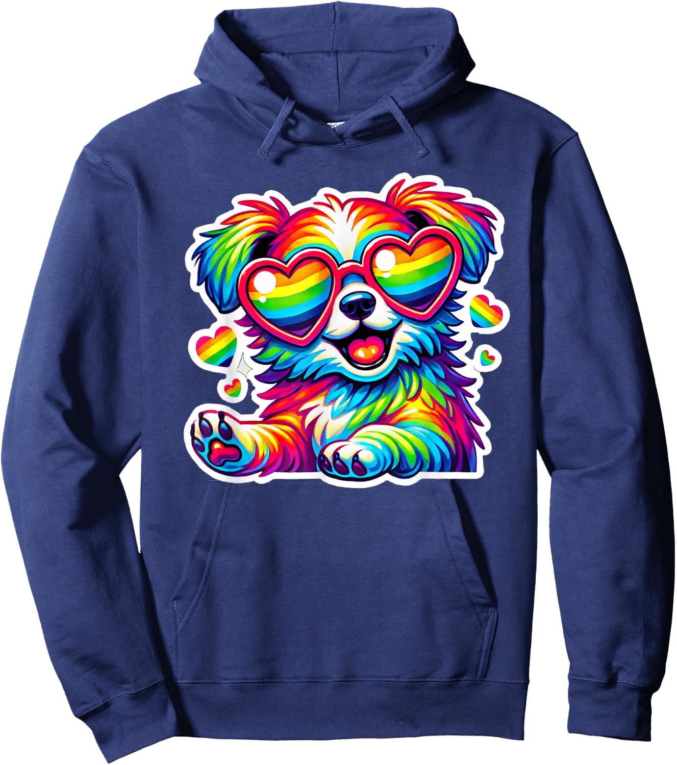 Rainbow Dog with Glasses Heart Cute Puppy Dog Colorful Lover Women Kids Hoodie - Hoodie | Navy