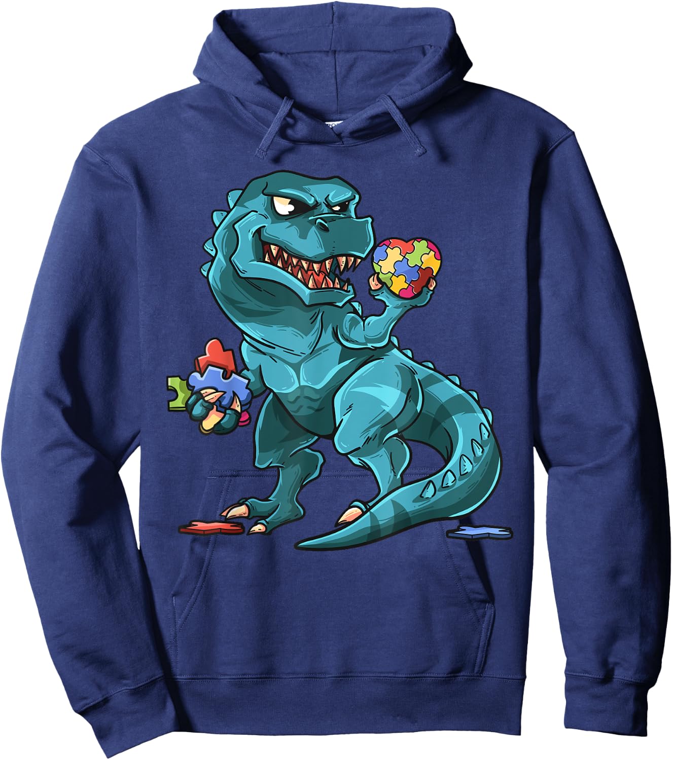 Autism Awareness Dinosaur Shirt | T-Rex Heart Puzzle Pieces Hoodie - Hoodie | Navy