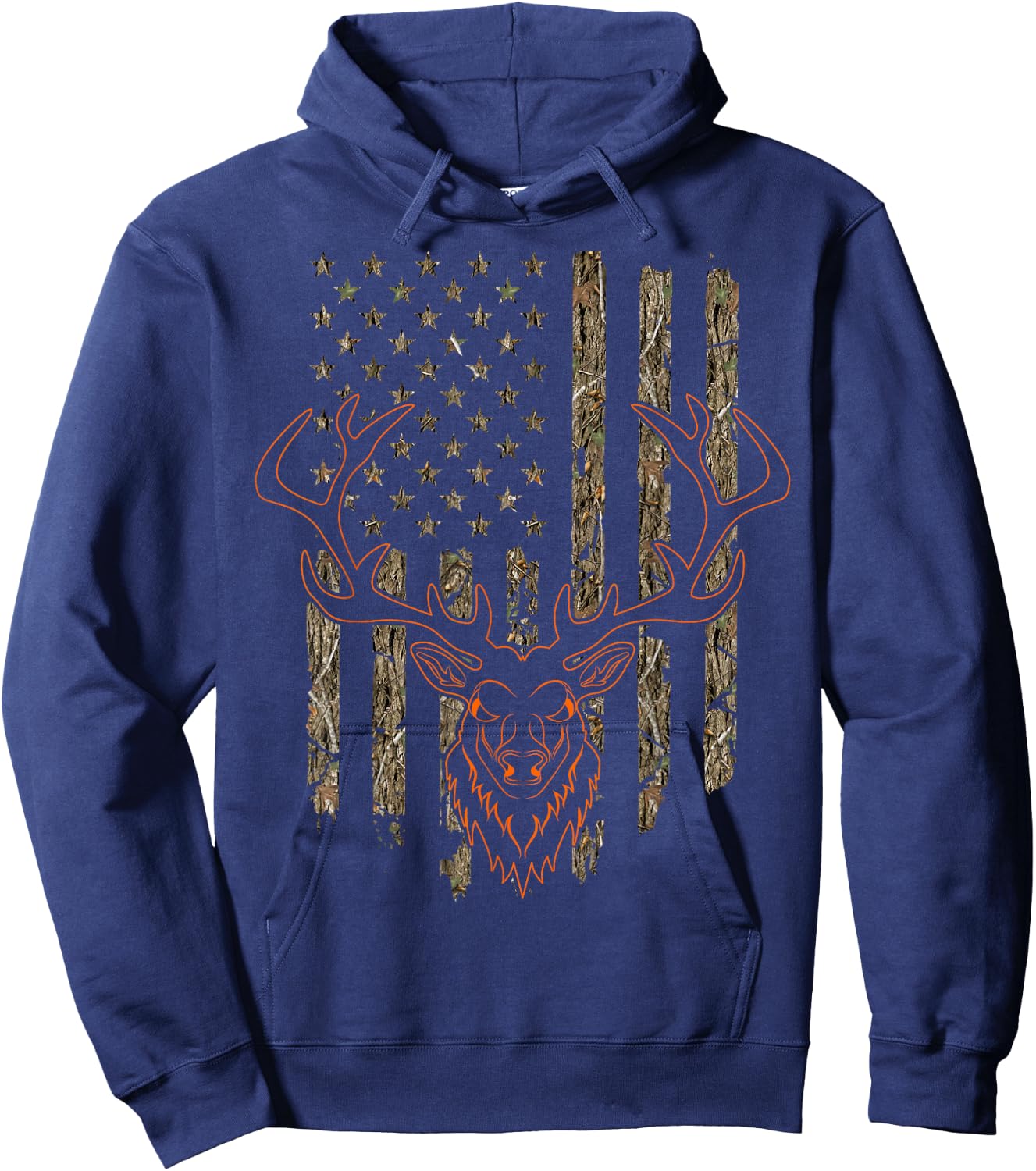 Mule Deer Stag Hunting Tree Forest Camouflage American Flag Hoodie - Hoodie | Navy