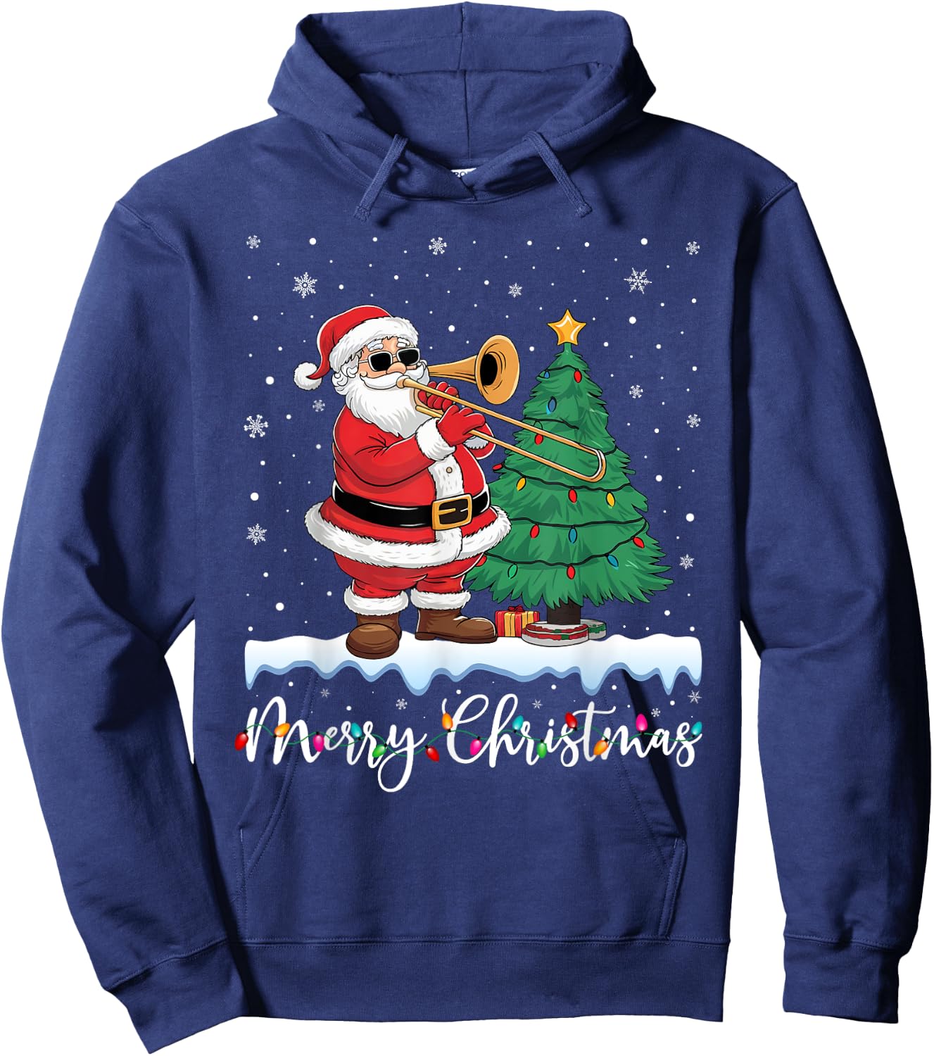 Merry Christmas Lights Santa Playing Trombone Ugly Xmas Hoodie - Hoodie | Navy
