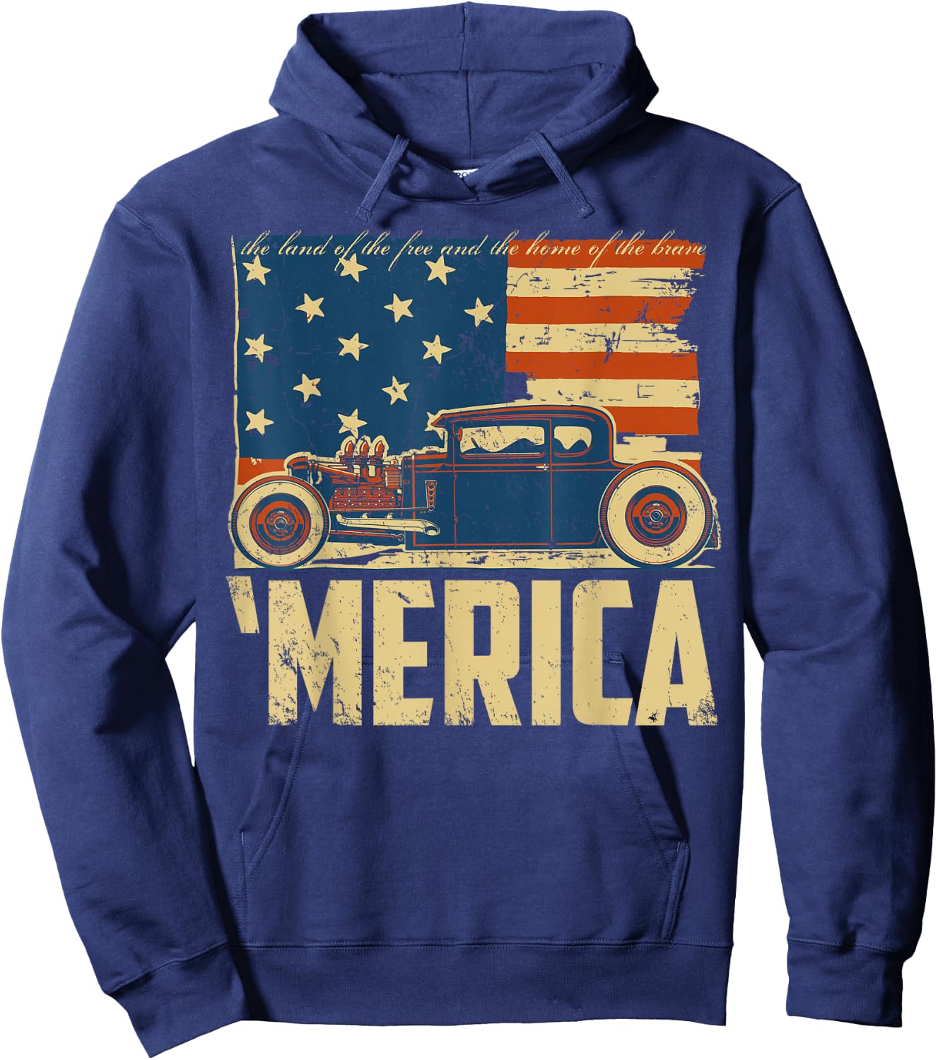 American Flag Hot Rod Custom Car Merica 4th of July Hoodie - Hoodie | Navy
