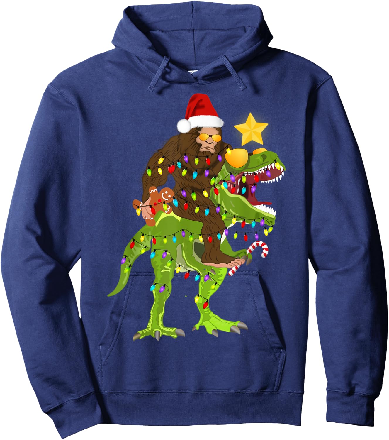 Xmas Tree Rex Yeti Bigfoot Sasquatch Riding Dinosaur T Rex Hoodie - Hoodie | Navy