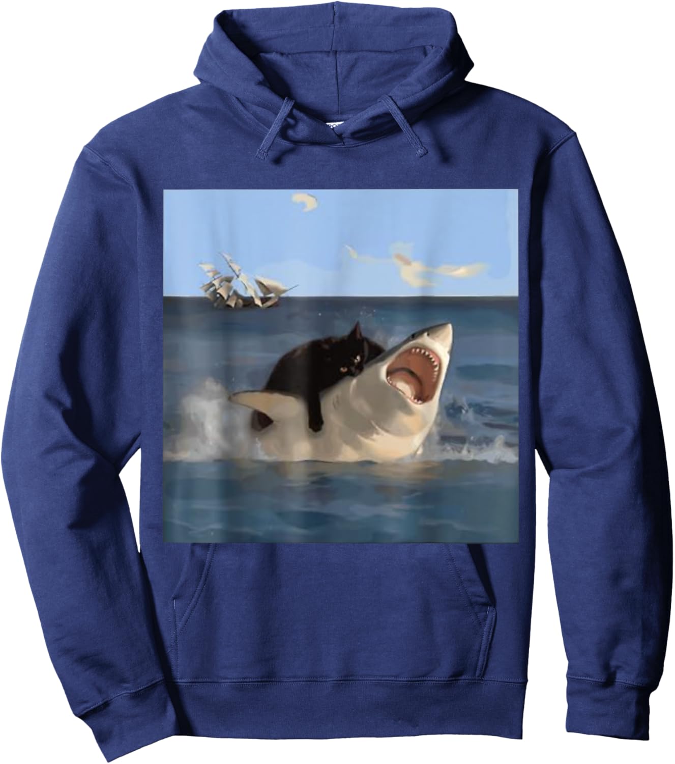 Cat Biting Shark Funny Hoodie - Hoodie | Navy