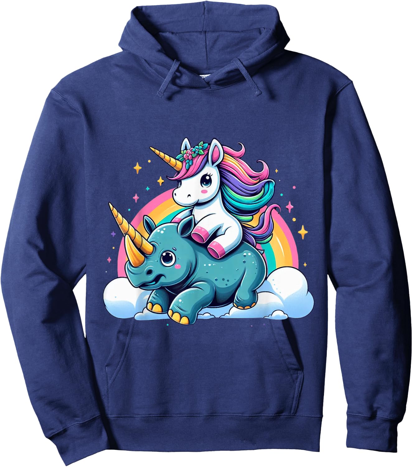 Unicorn Riding Rhino Boys Girls Men Women Kids Rainbow Hoodie - Hoodie | Navy