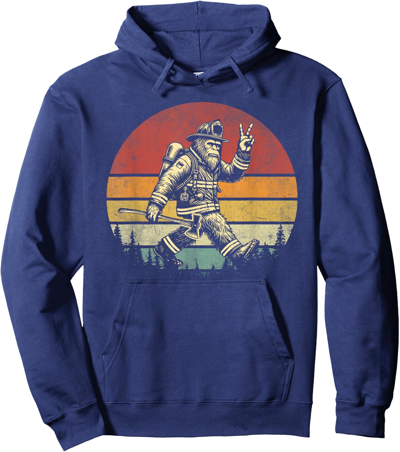 Firefighting Retro Bigfoot Firefighter Sasquatch Fireman Hoodie - Hoodie | Navy