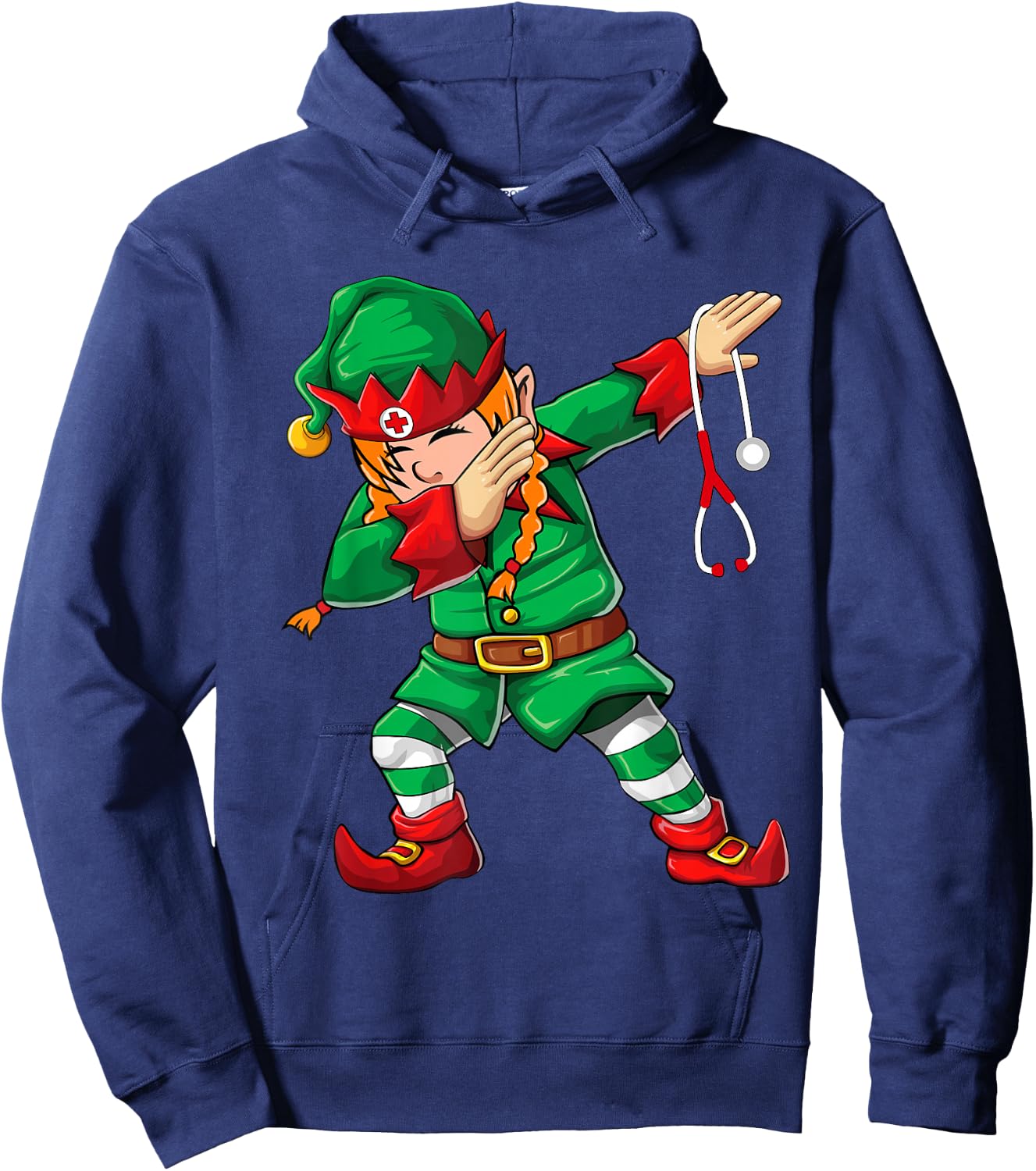 Dabbing Elf Girl Shirt Christmas Scrub Tops Women Cute Nurse Hoodie - Hoodie | Navy