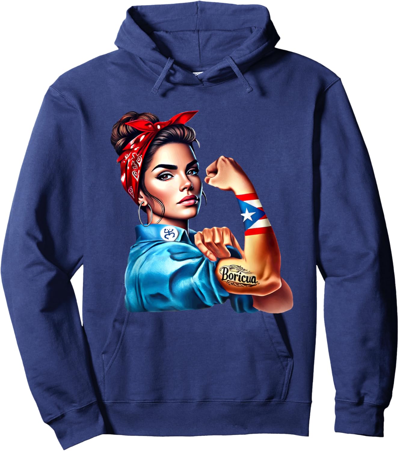 Boricua Tattoo Rosie Riveter Puerto Rico Flag Woman Coqui Hoodie - Hoodie | Navy