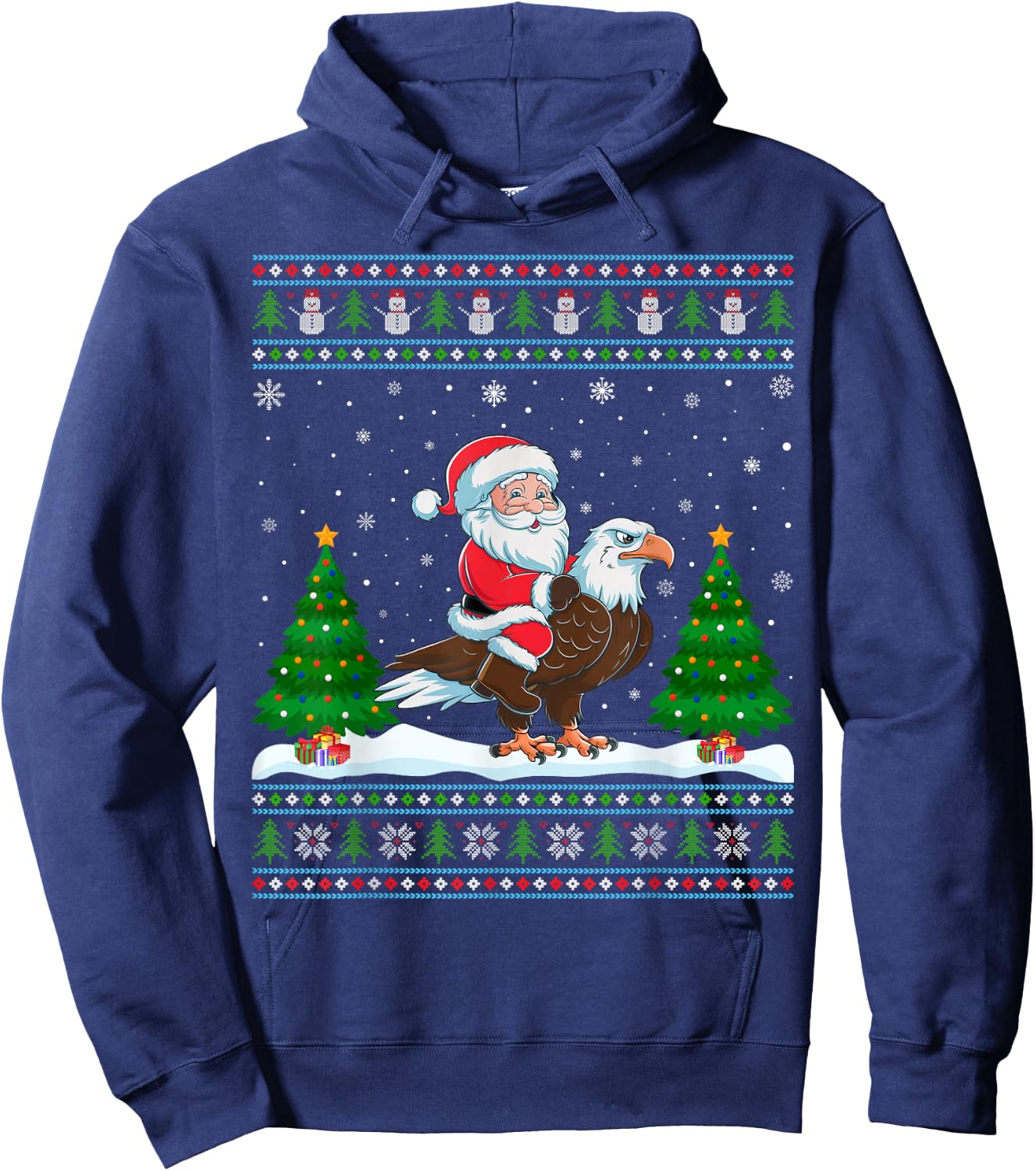 Ugly Xmas Lighting Tree Santa Riding Eagle Christmas Hoodie - Hoodie | Navy