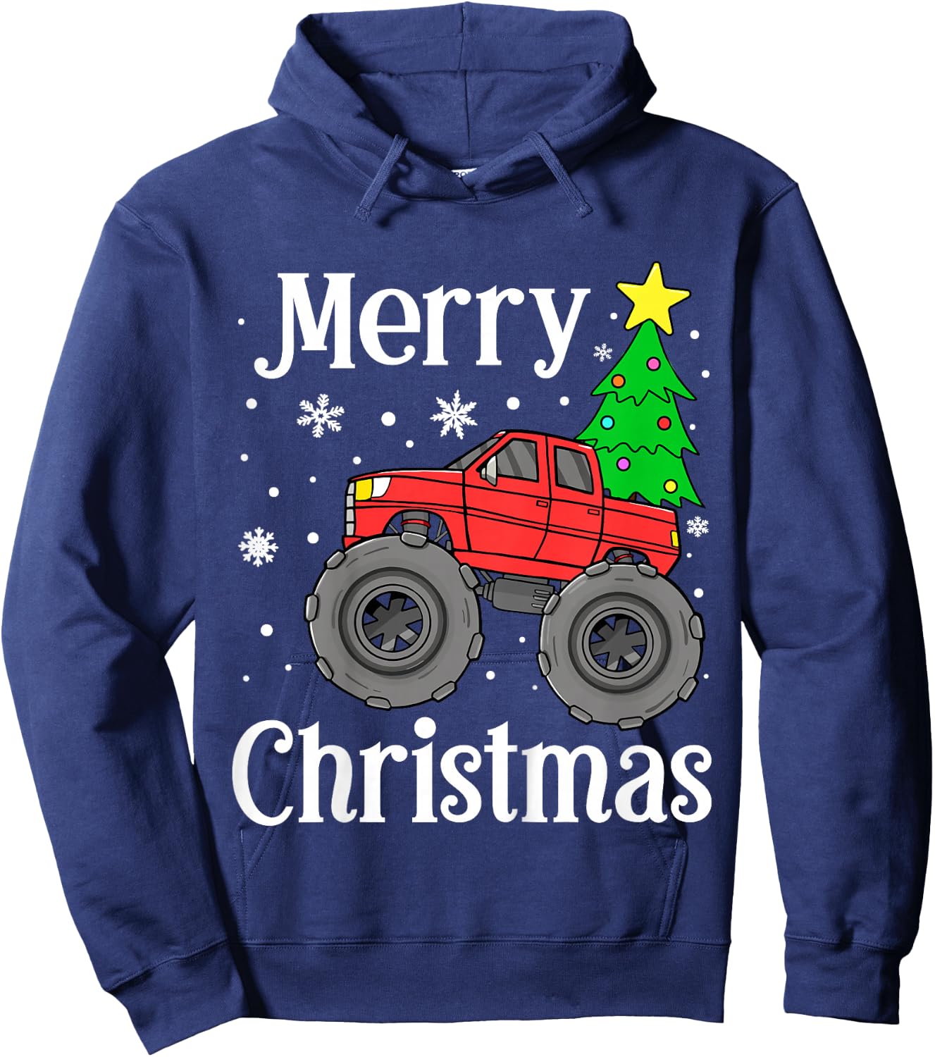 Kids Boys Monster Truck Merry Christmas Tree Snowflakes Toddler Hoodie - Hoodie | Navy