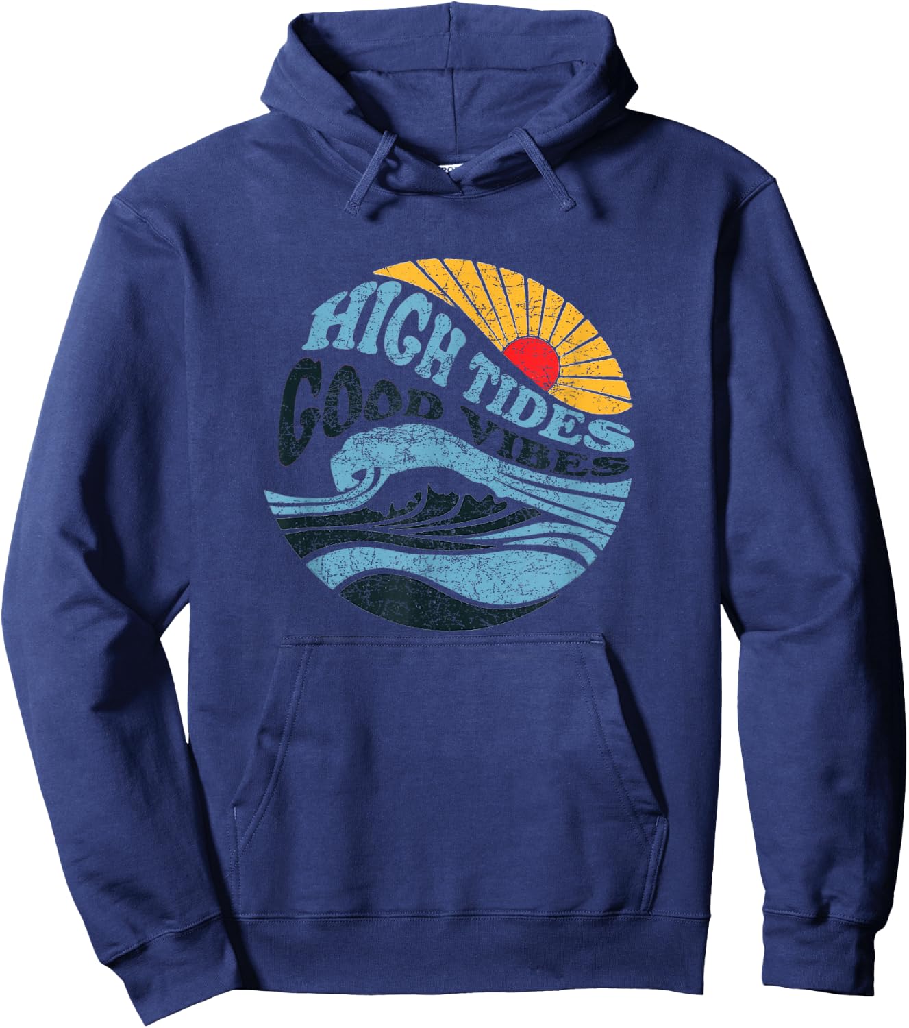High Tides Good Vibes - Vintage Wave and Palm Tree Hoodie - Hoodie | Navy