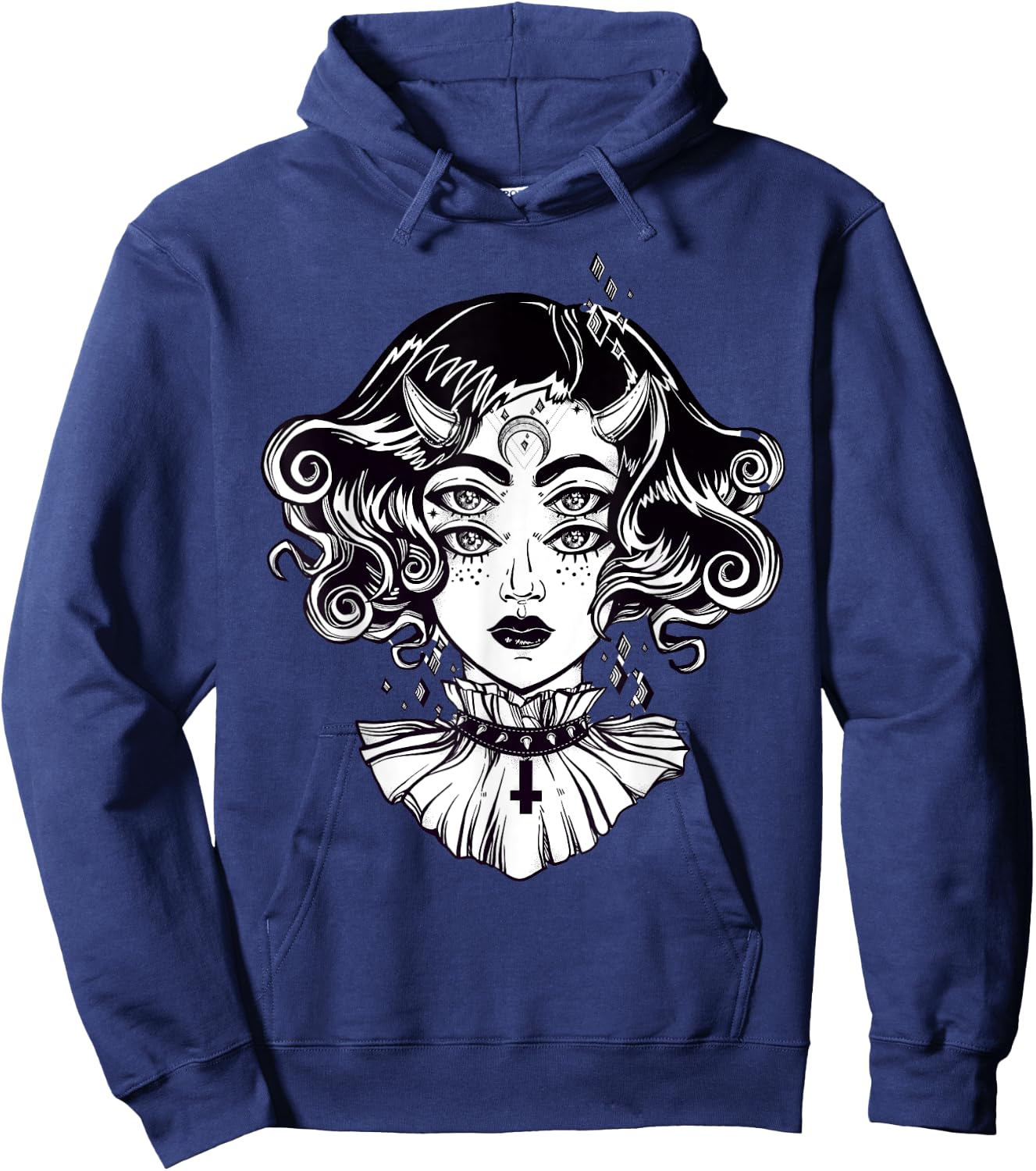 Horned Devil Girl - Satanic Halloween Glitch Goth Hoodie - Hoodie | Navy