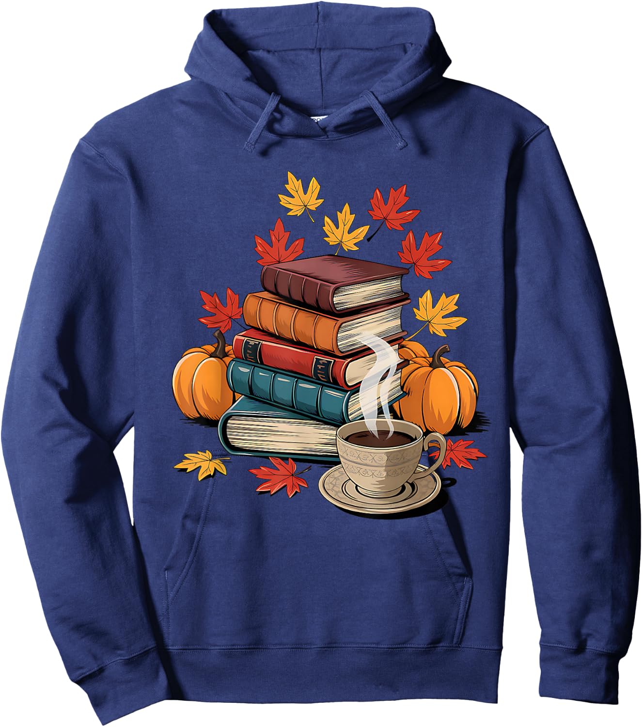 Vintage Books Tea Lovers Fall Autumn Leaves and Pumpkins Hoodie - Hoodie | Navy