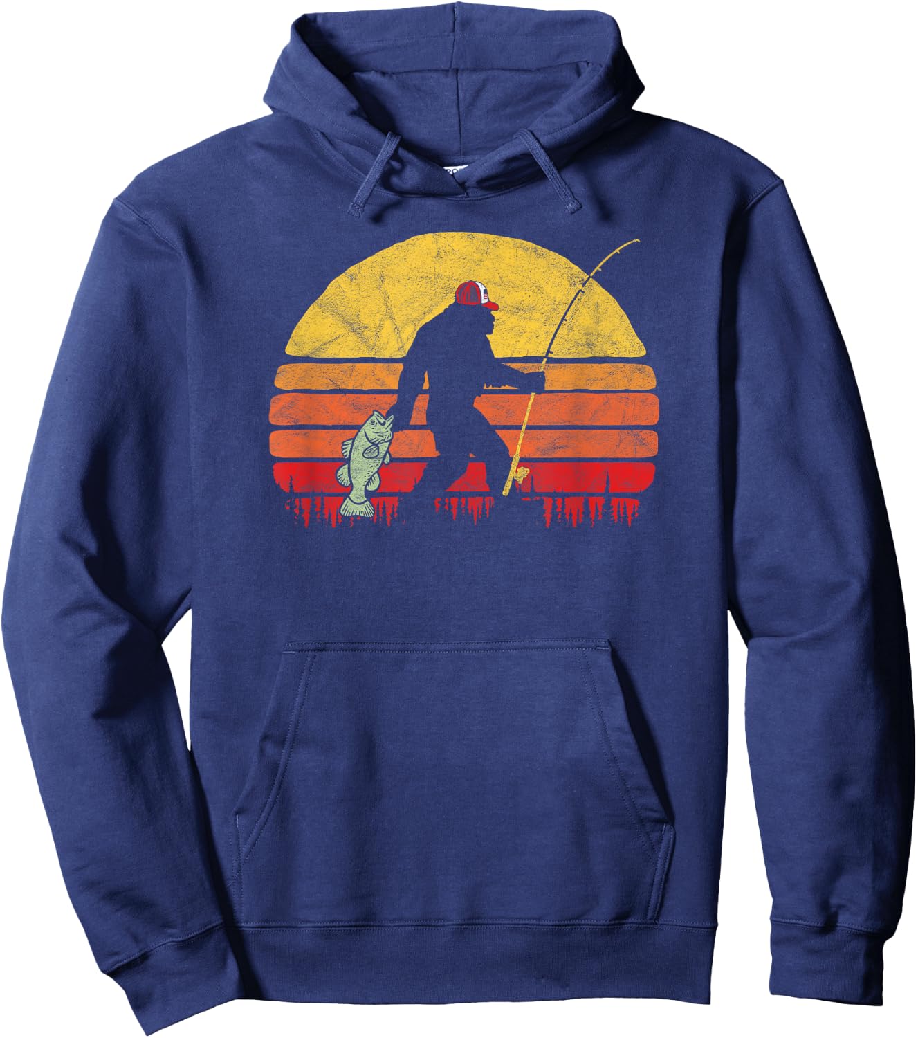 Bass Fishing Funny Bigfoot in Trucker Hat Retro Graphic Hoodie - Hoodie | Navy