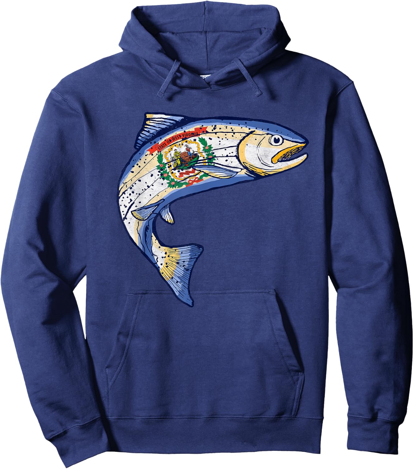 Retro West Virginia Flag Trout Vintage Fly Fishing Graphic Hoodie - Hoodie | Navy