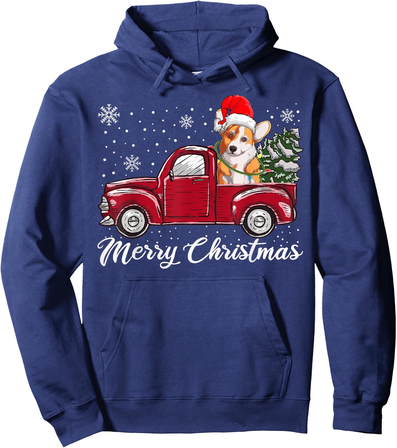 Merry Christmas Dog Sweater, Red Truck Welsh Corgi Pajama Hoodie - Hoodie | Navy