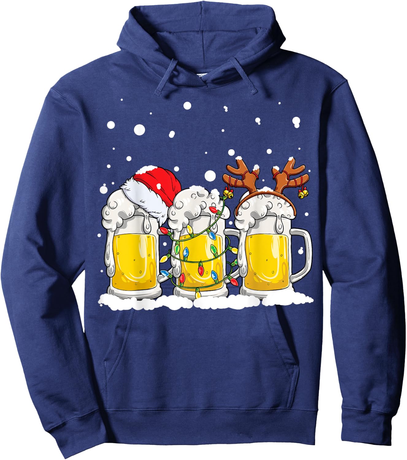 Beer Christmas Mug Santa Reinbeer Xmas Tree Lights Men Women Hoodie - Hoodie | Navy