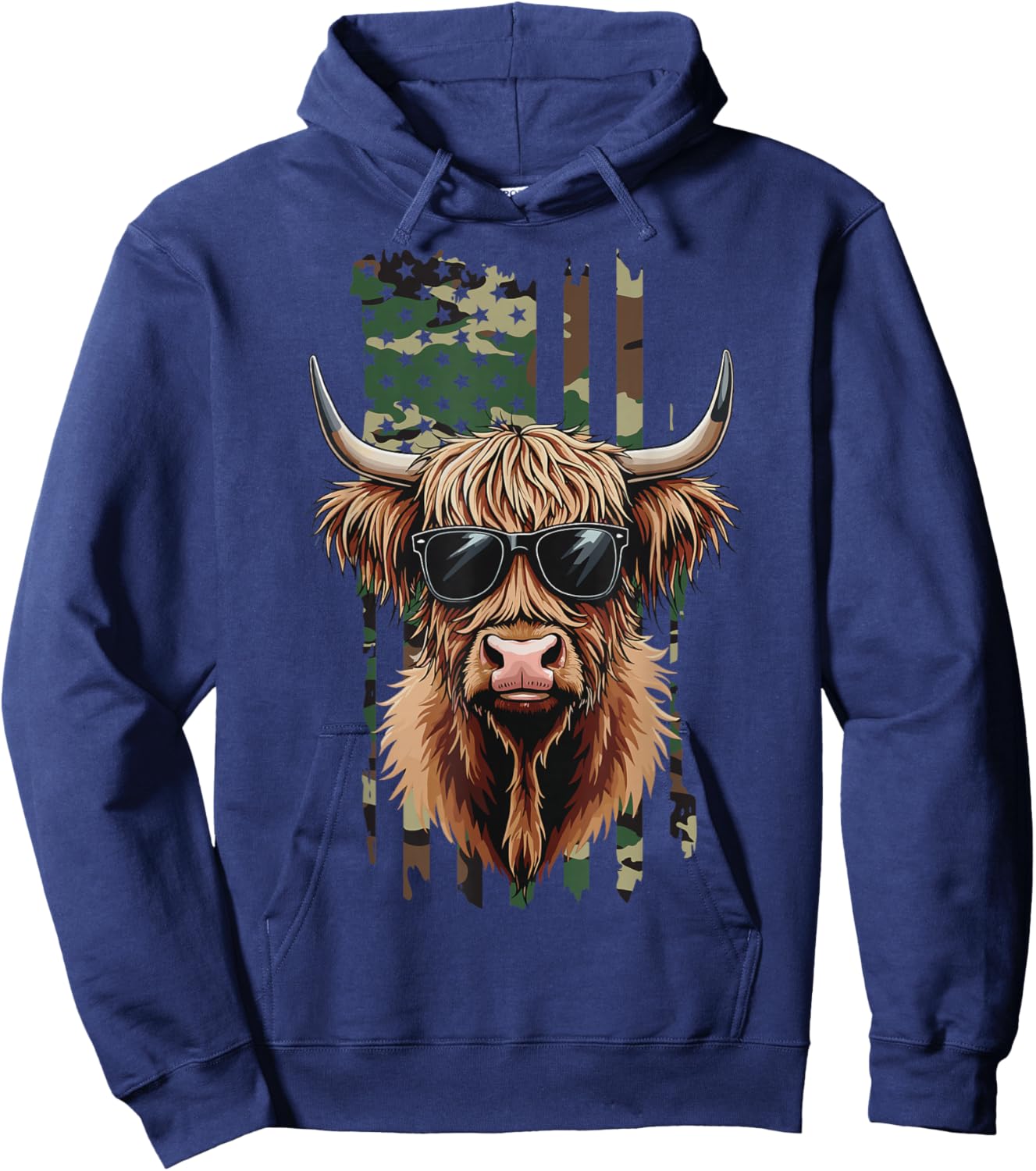 Highland Cow Camo American Flag, Patriotic Highland Cow Hoodie - Hoodie | Navy
