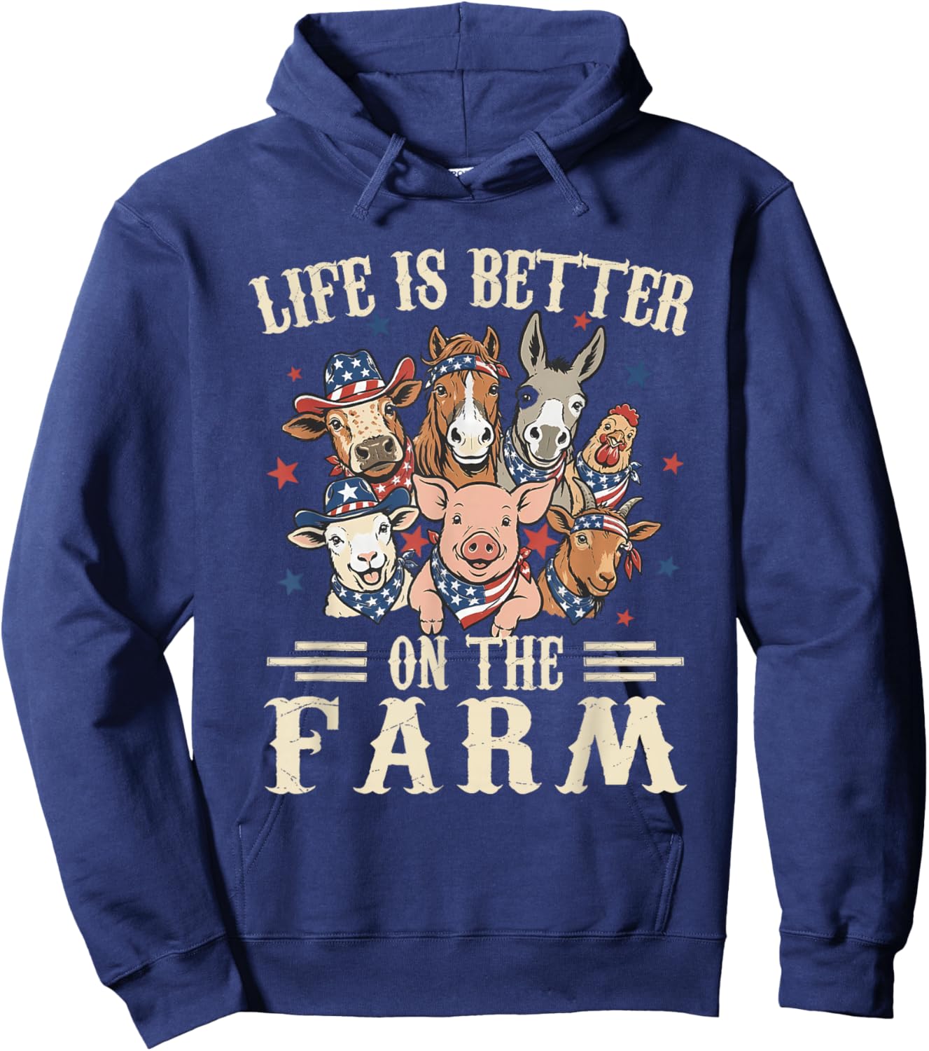 Life is Better on The Farm 4th of July Patriotic Animals Hoodie - Hoodie | Navy