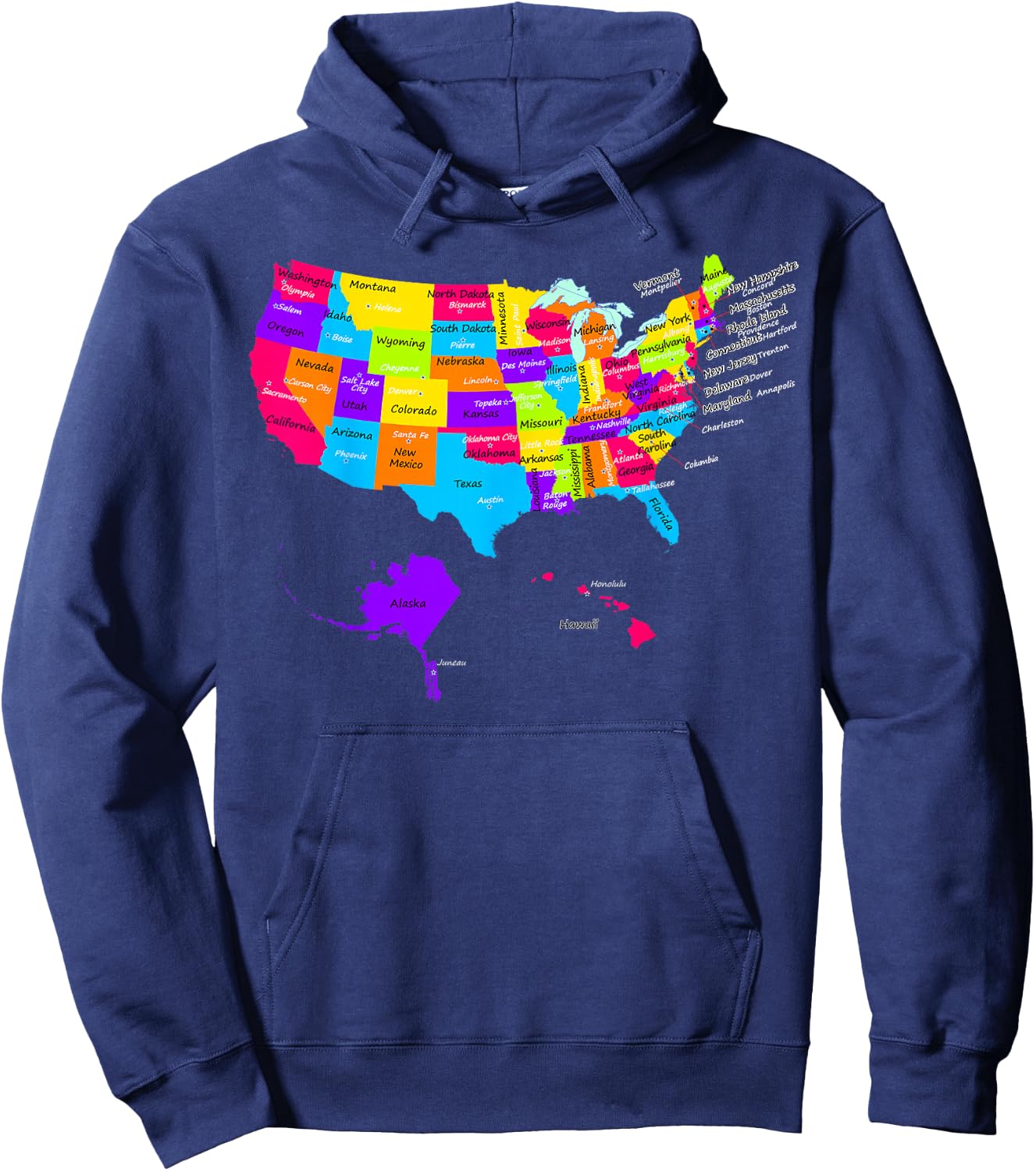 United States map with States and Capital Cities Shirt Hoodie - Hoodie | Navy