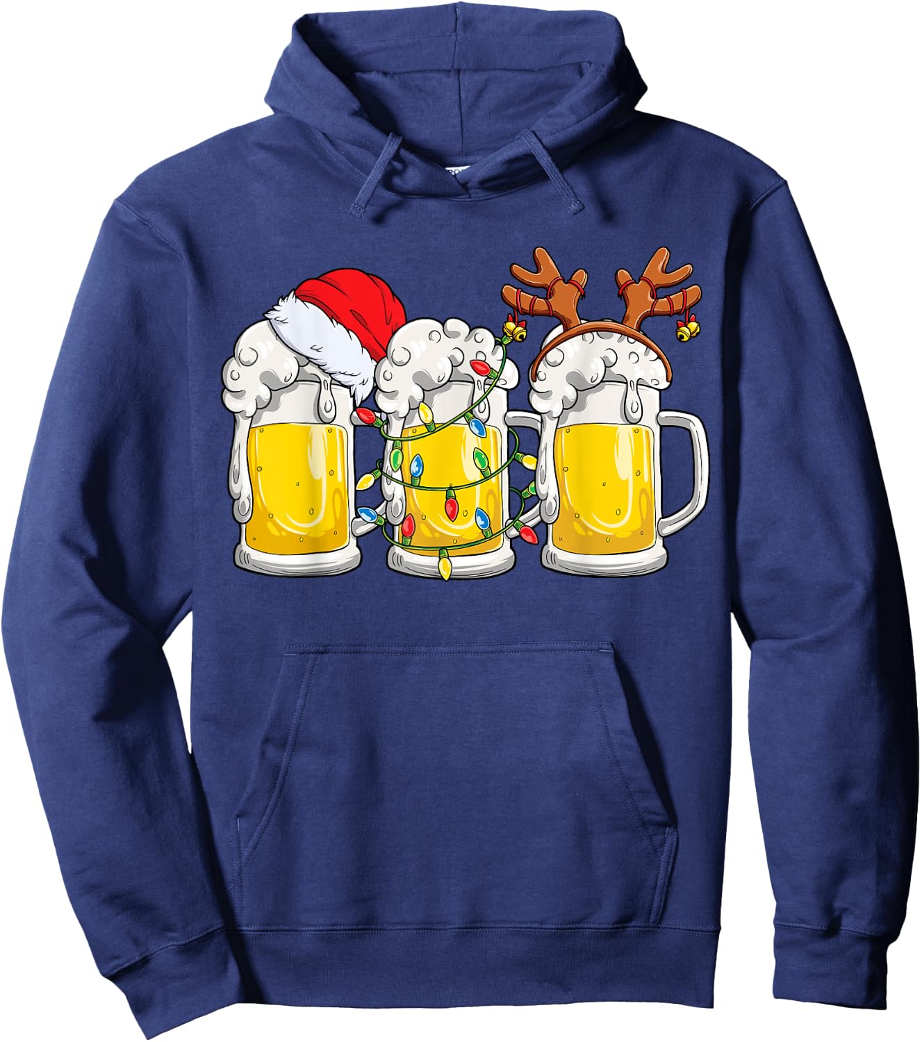 Beer Christmas Mug Santa Reinbeer Xmas Tree Lights Men Women Hoodie - Hoodie | Navy