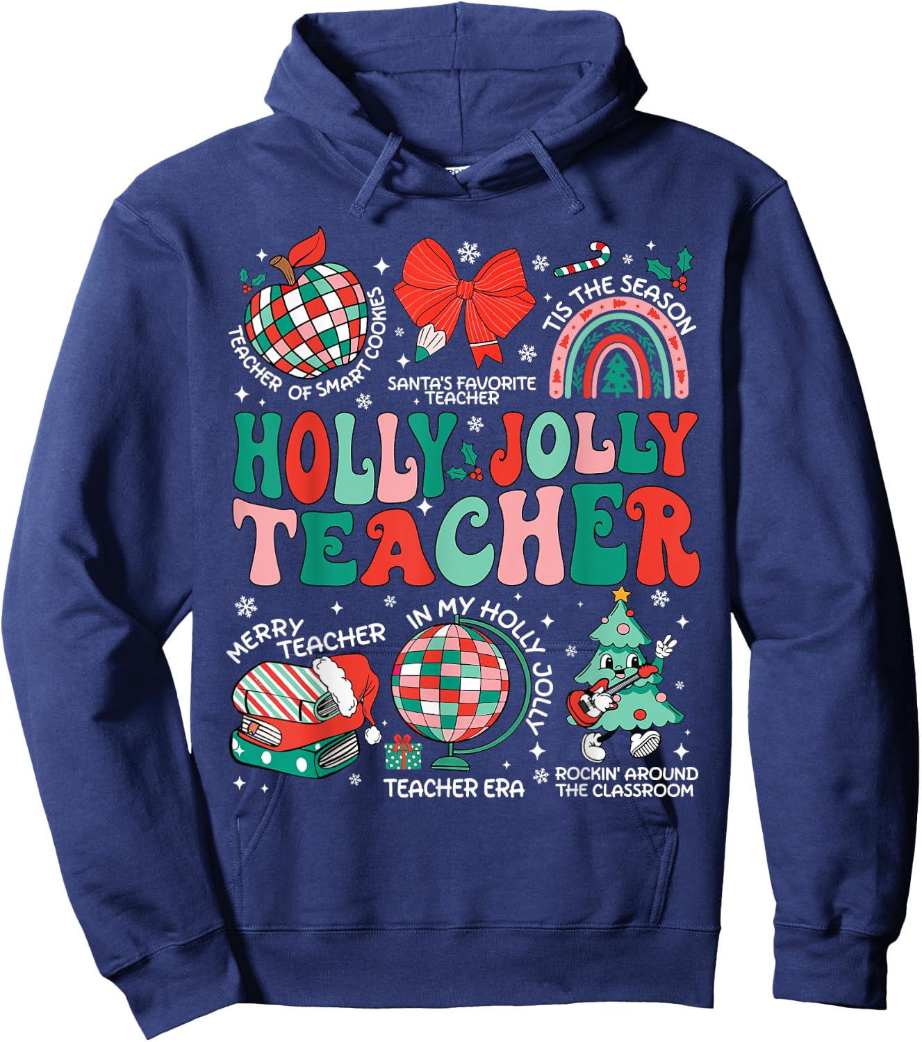 Holly n Jolly Teacher Christmas Coquette Bow Retro Xmas Pjs Hoodie - Hoodie | Navy