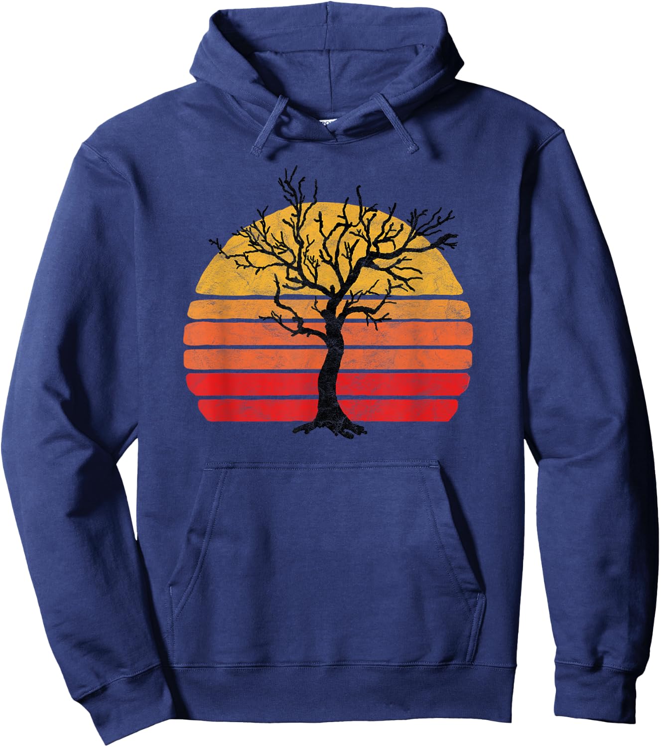 Retro Sun Minimalist Leafless Tree Design Graphic Hoodie - Hoodie | Navy