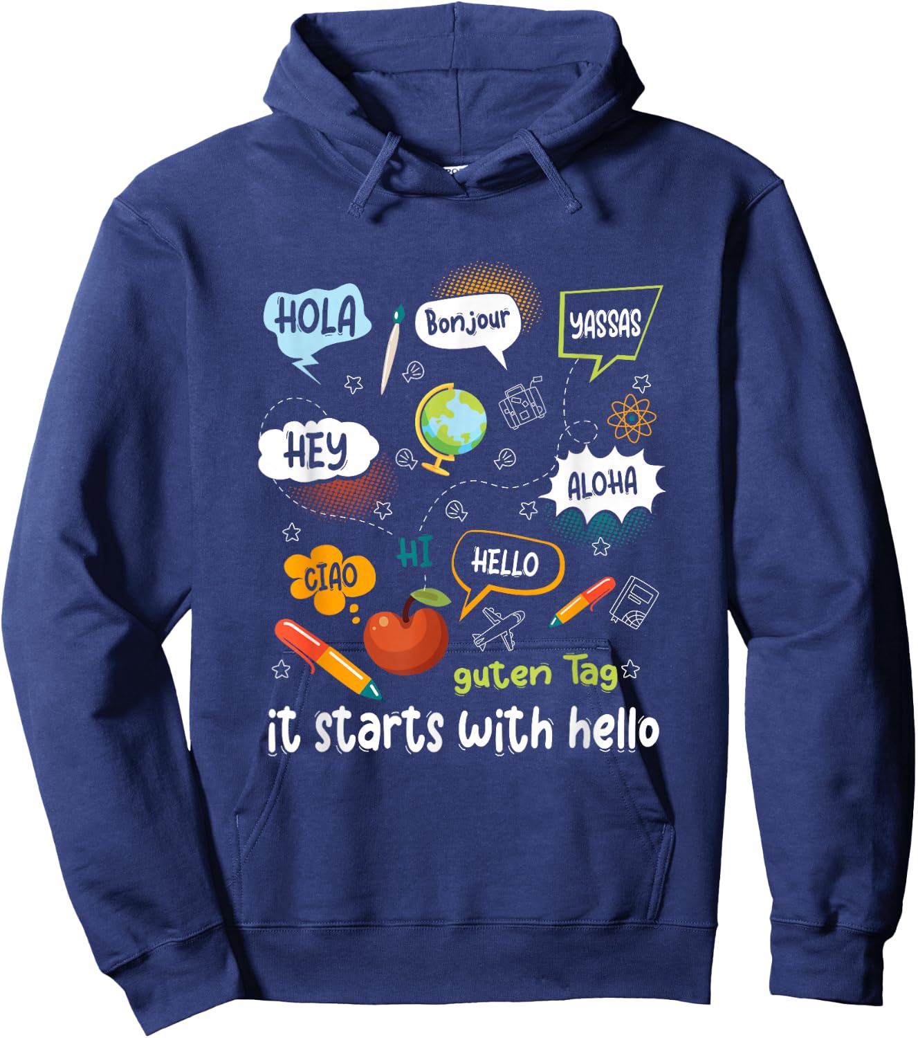 Friendship Inclusion Language Teacher It Starts With Hello Hoodie - Hoodie | Navy
