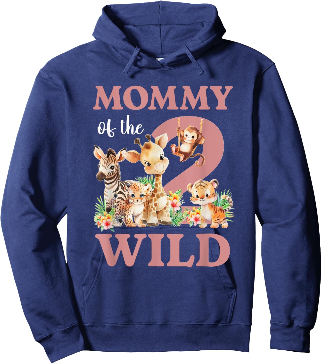 Mommy Of The Two Wild Zoo 2nd Birthday Safari Jungle Animal Hoodie - Hoodie | Navy