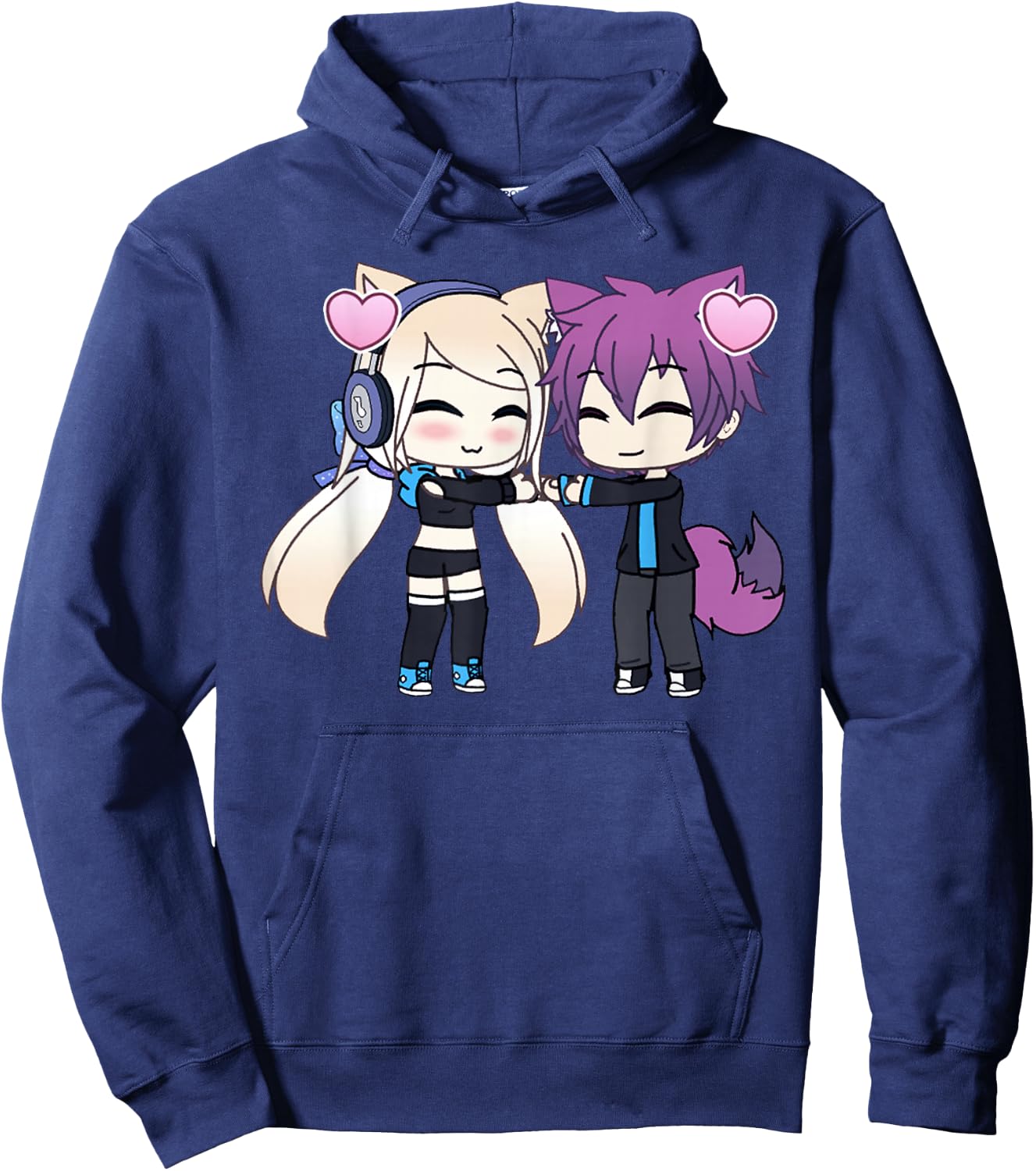 Cute Chibi Style Kawaii Anime Girl and Boy Couple and Hearts Hoodie - Hoodie | Navy