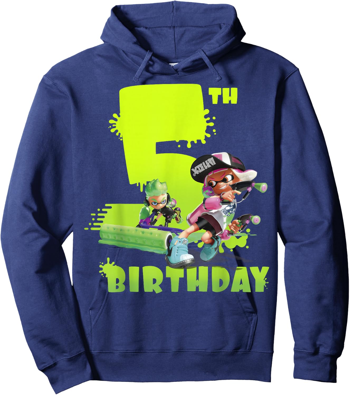 Splatoon Inkling 5th Birthday Green Splatter Portrait Hoodie - Hoodie | Navy