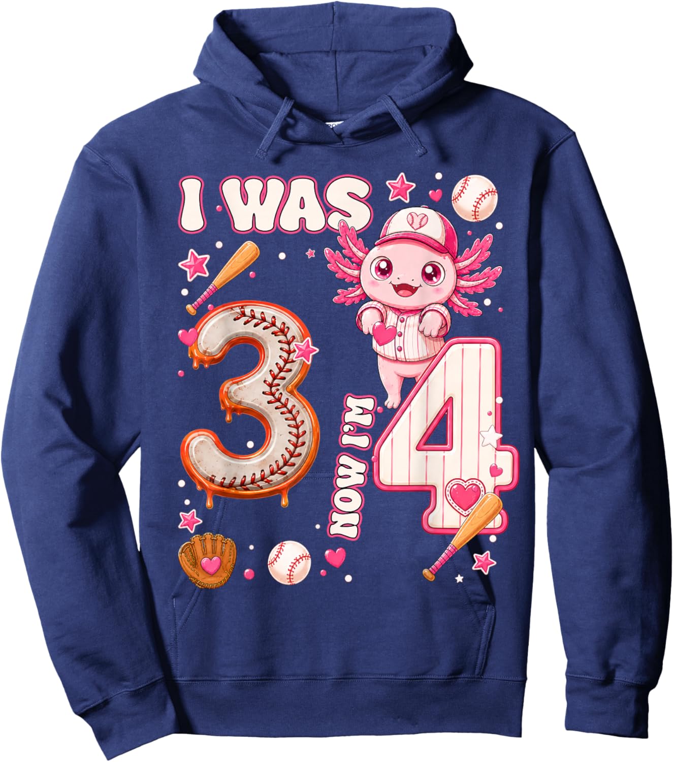 I was 3 Now I'm 4 Baseball Axolotl 4th Birthday Kids Party Hoodie - Hoodie | Navy