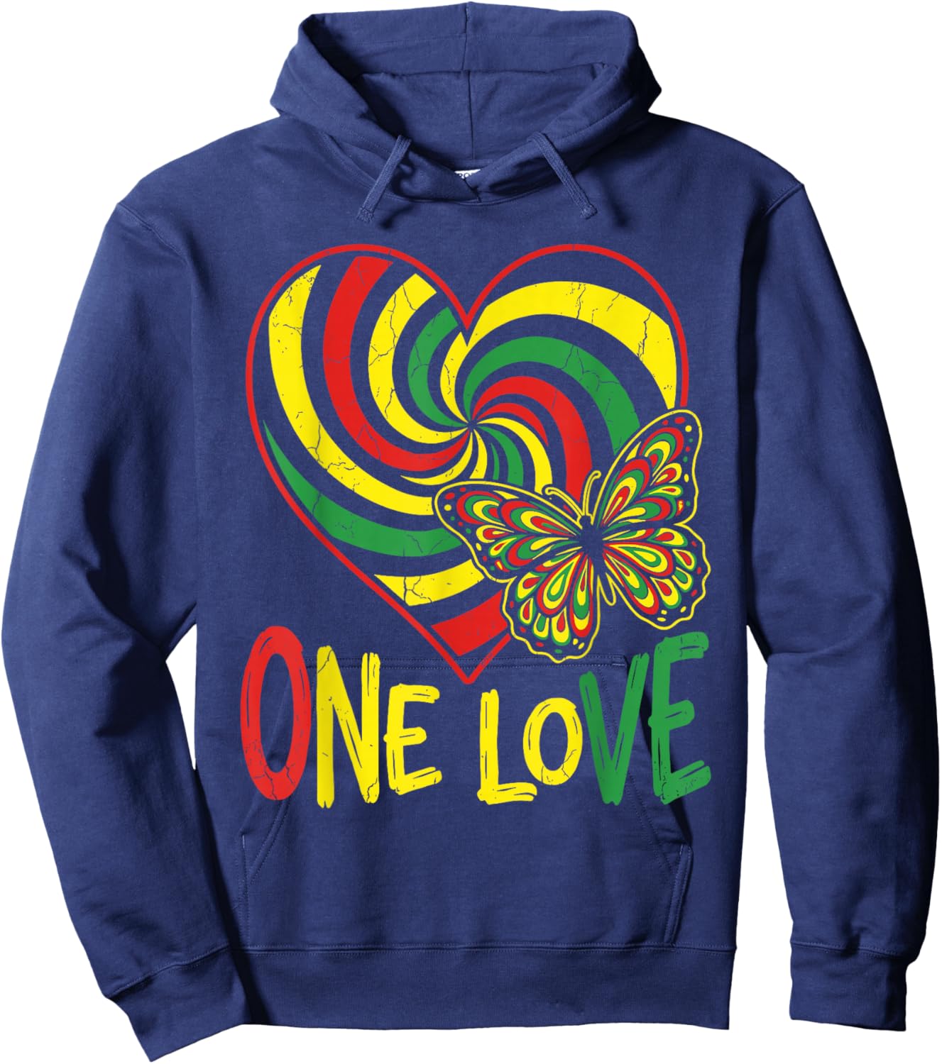 One Love Rasta Heart Butterfly Reggae Roots Jamaica Style Hoodie - Hoodie | Navy
