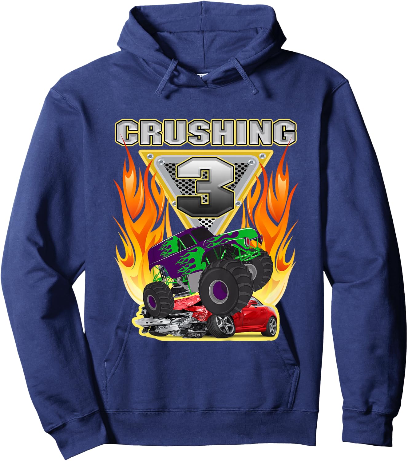 Monster Truck Crushing being 3 Three Years Old 3rd Birthday Hoodie - Hoodie | Navy