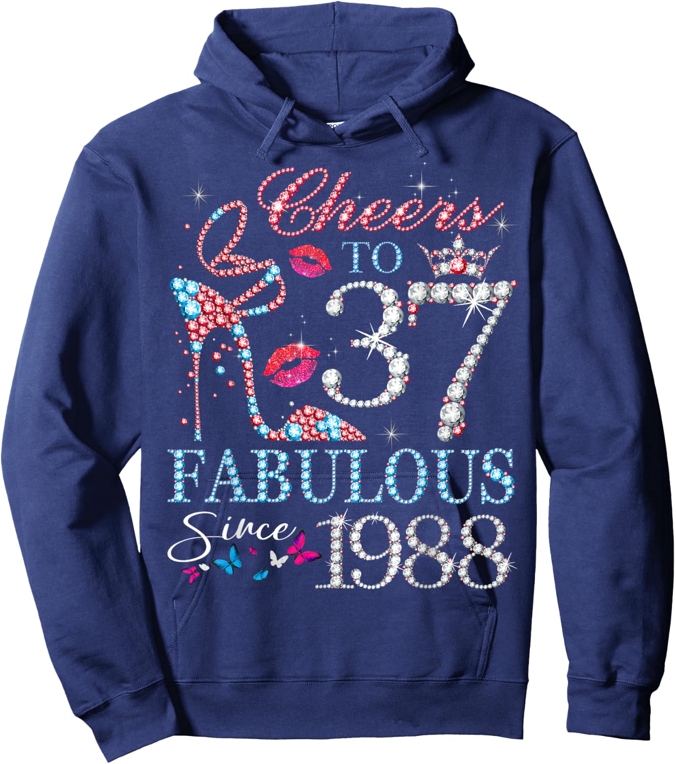 Cheers to 37 Years Old EST 1988 37th Birthday Queen Hoodie - Hoodie | Navy