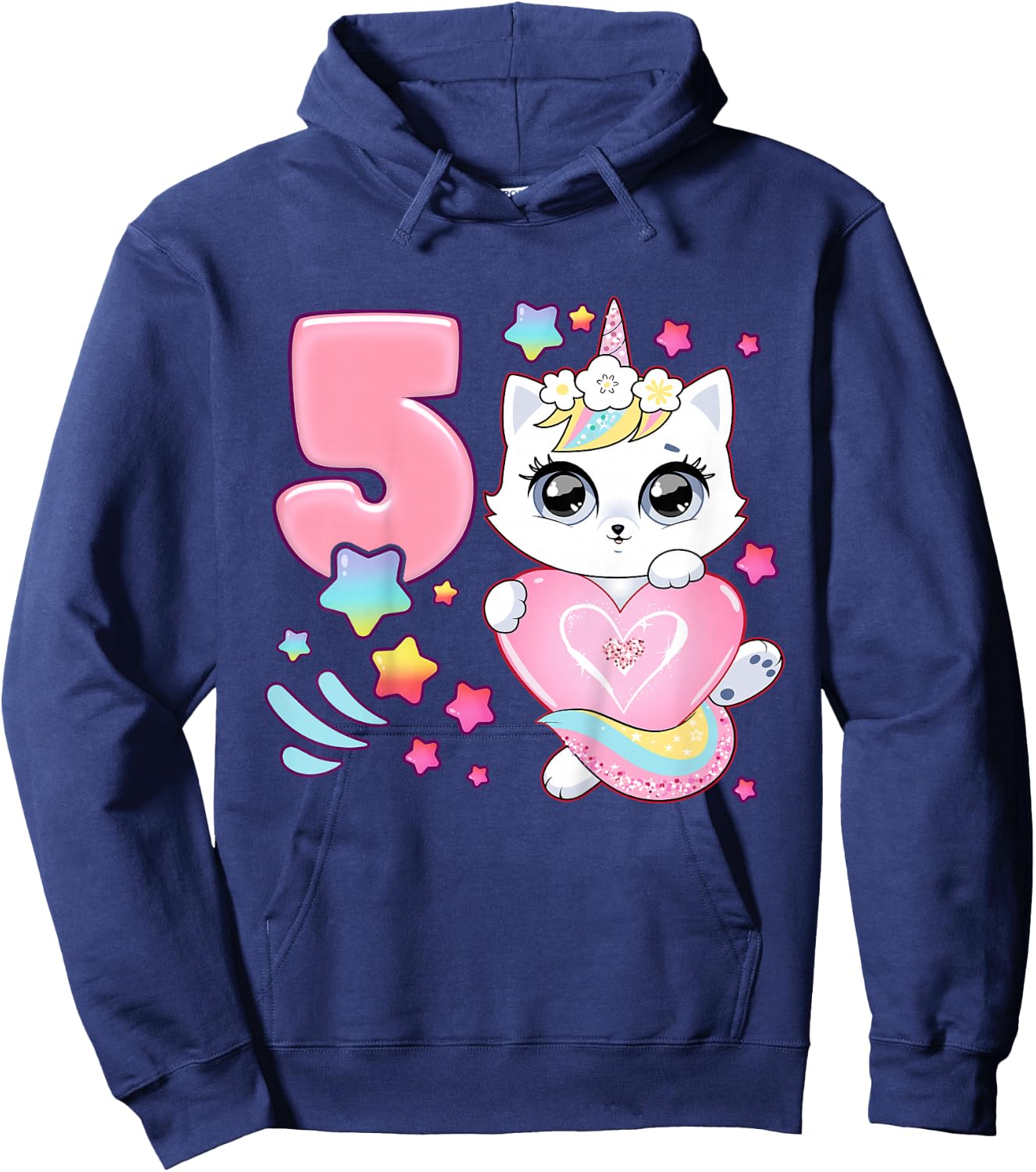 Birthday girl 5 years old, cat, unicorn, 5th birthday Hoodie - Hoodie | Navy