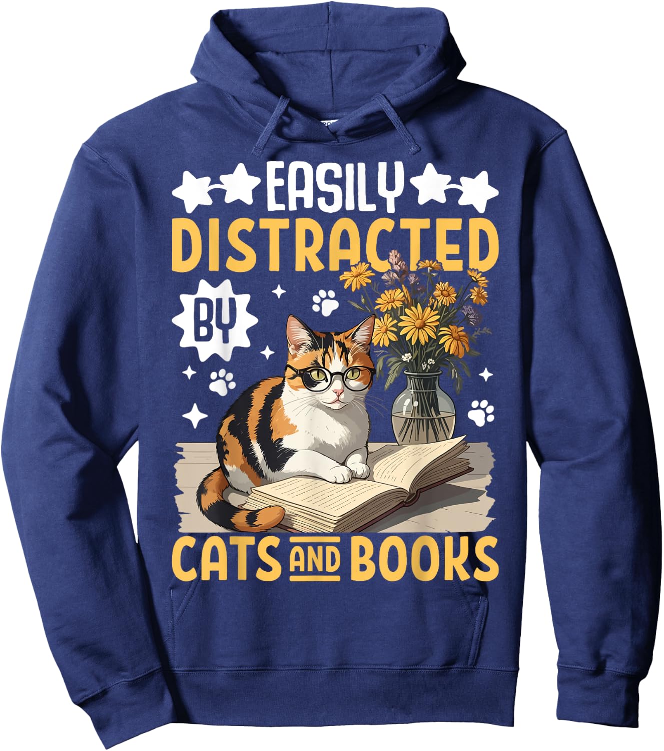 Easily Distracted By Cats and Books For Book Lover & Cat Fan Women Hoodie - Hoodie | Navy