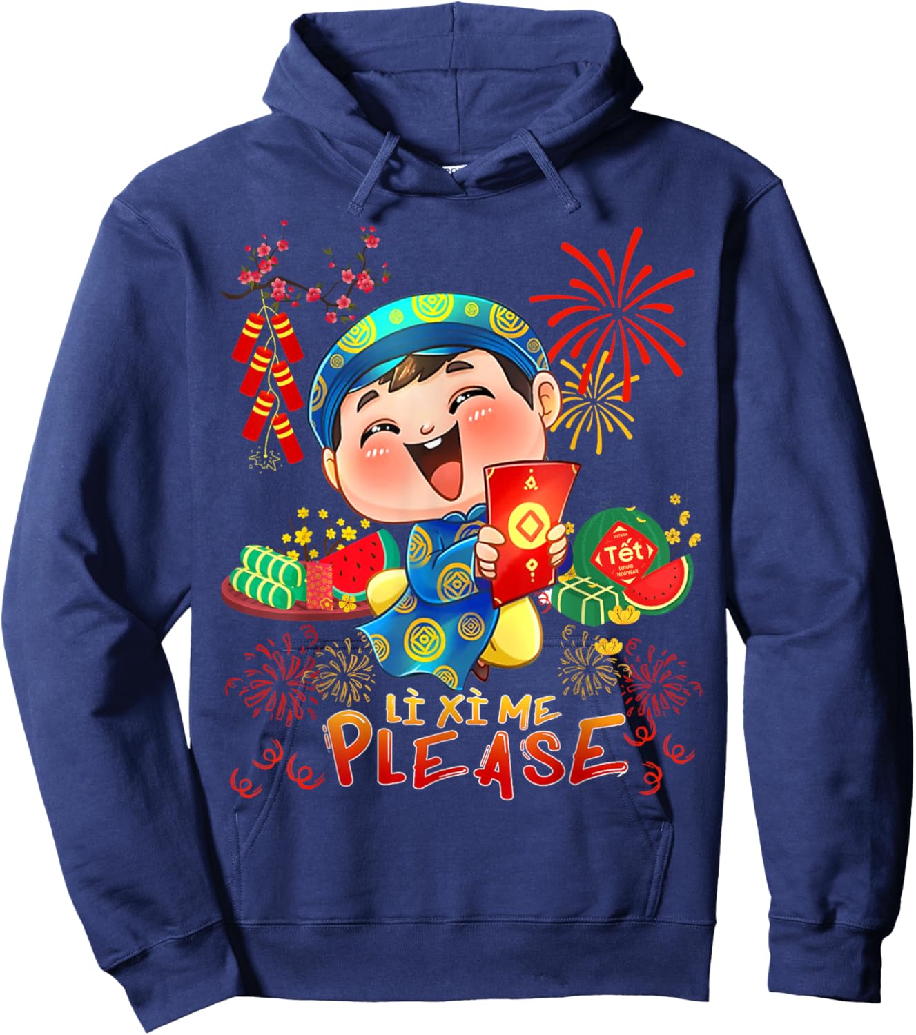 Boy Wearing Ao Dai Li Xi Me Happy Vietnamese Lunar New Year Hoodie - Hoodie | Navy