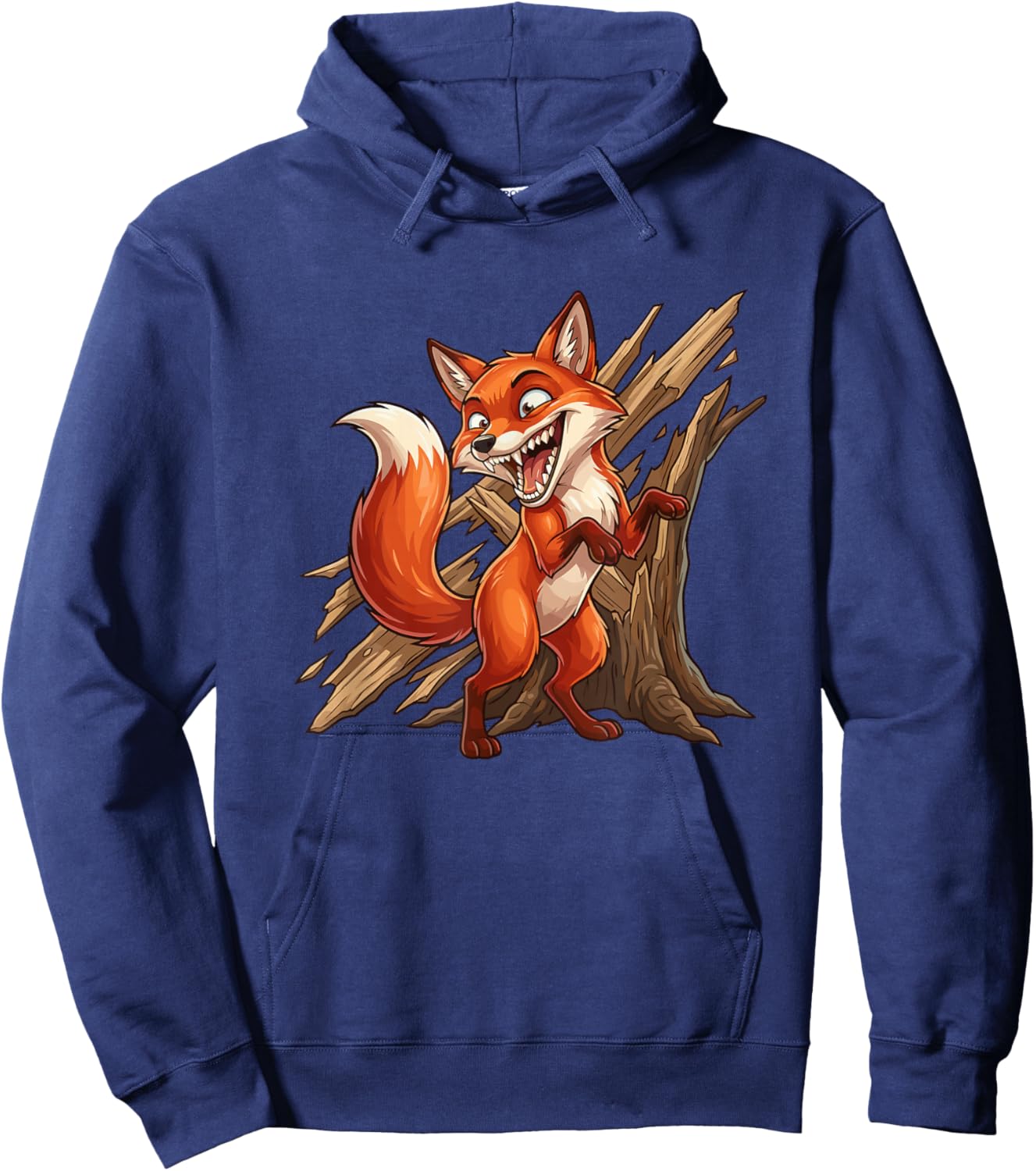 Mischievous Cartoon Fox Crashing Through Wood Hoodie - Hoodie | Navy