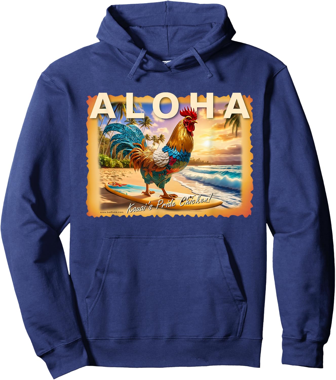 Bad Tuna Kauai's Pride Chicken with Aloha - Adults - Black - Small - Short Sleeve - Cotton Blend - Hawaiian - Unique Hawaiian Design Hoodie - Hoodie | Navy