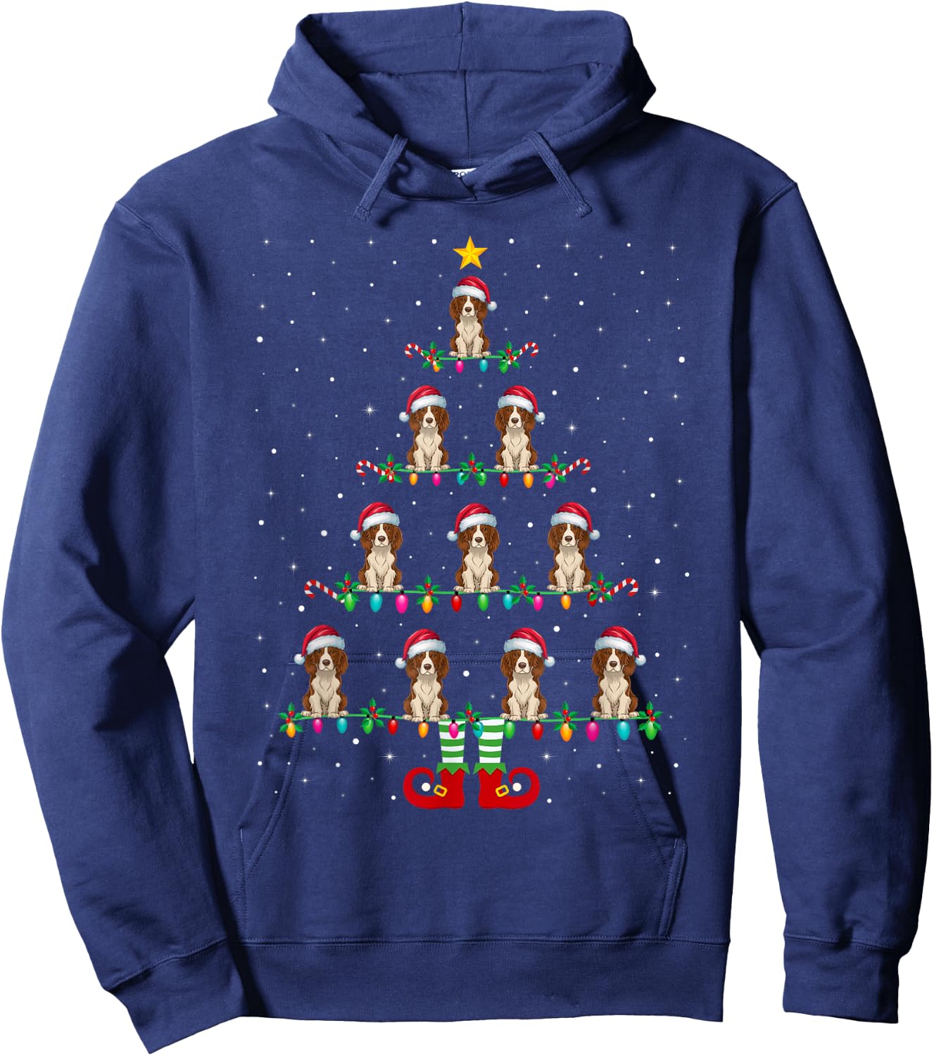 Christmas Tree Lights Santa Hat ELF Brittany Spaniel Dog Men Women Kids Hoodie - Hoodie | Navy